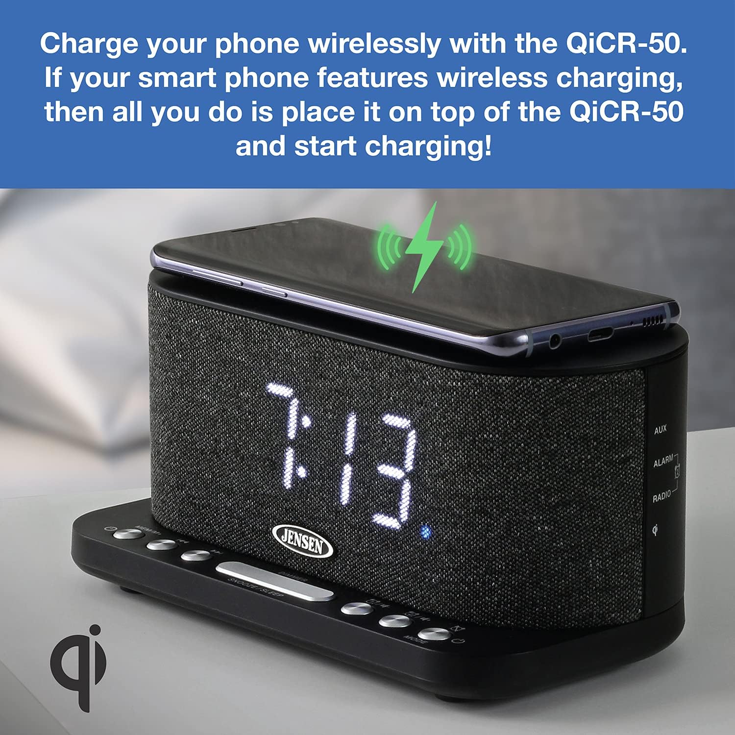 JENSEN QiCR-50 Dual Alarm Clock Radio with Wireless QI Charging