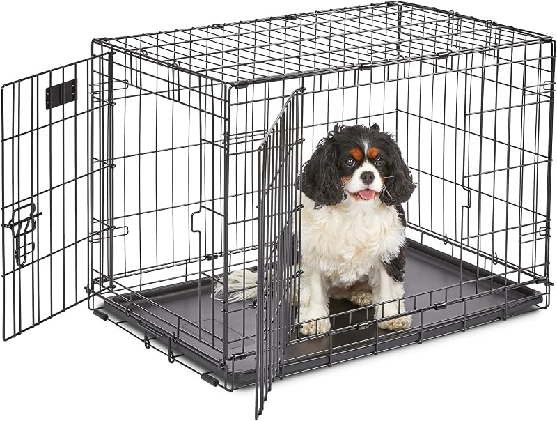 MidWest Homes for Pets iCrate de 30 pulgadas para razas medianas, 21-40 libras, jaula plegable para perros de doble puerta con panel divisor, bandeja a prueba de fugas y cierres seguros, portátil, duradera y fácil de montar