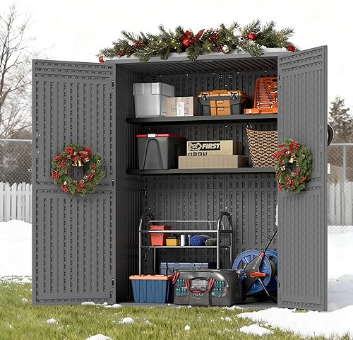 EHHLY Cobertizo de almacenamiento vertical de resina con 2 estantes, cobertizos de herramientas de jardín de 60 pies cúbicos y almacenamiento al