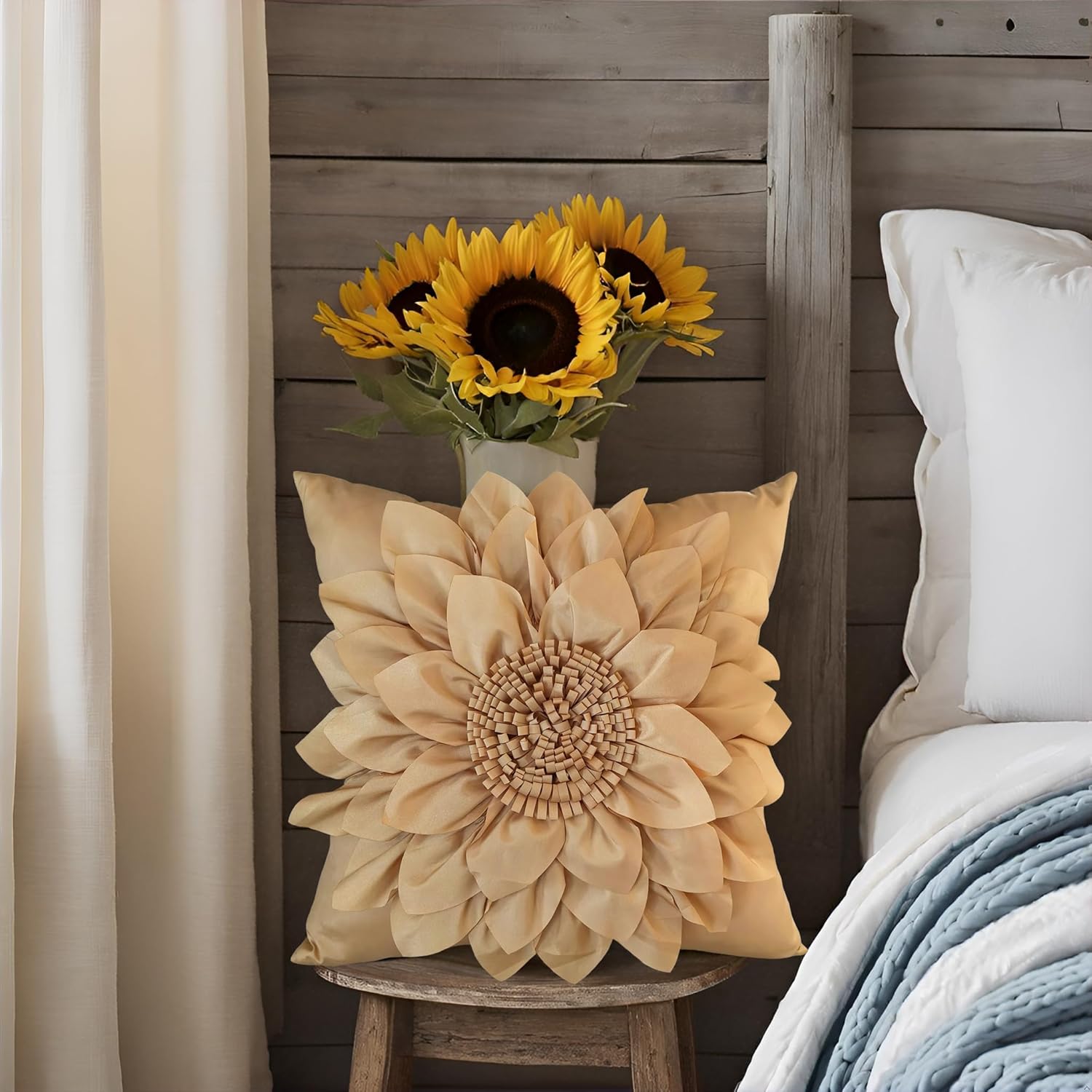 Bella's Giftshop 3D Sunflower Decorative Throw Pillow Covers for Bed Sofa Couch Car, Accent Floral Taffeta Cushion Cover, Handmade Pillow Cases Living Room Decor, 17x17 Inch-Gold - Image 4