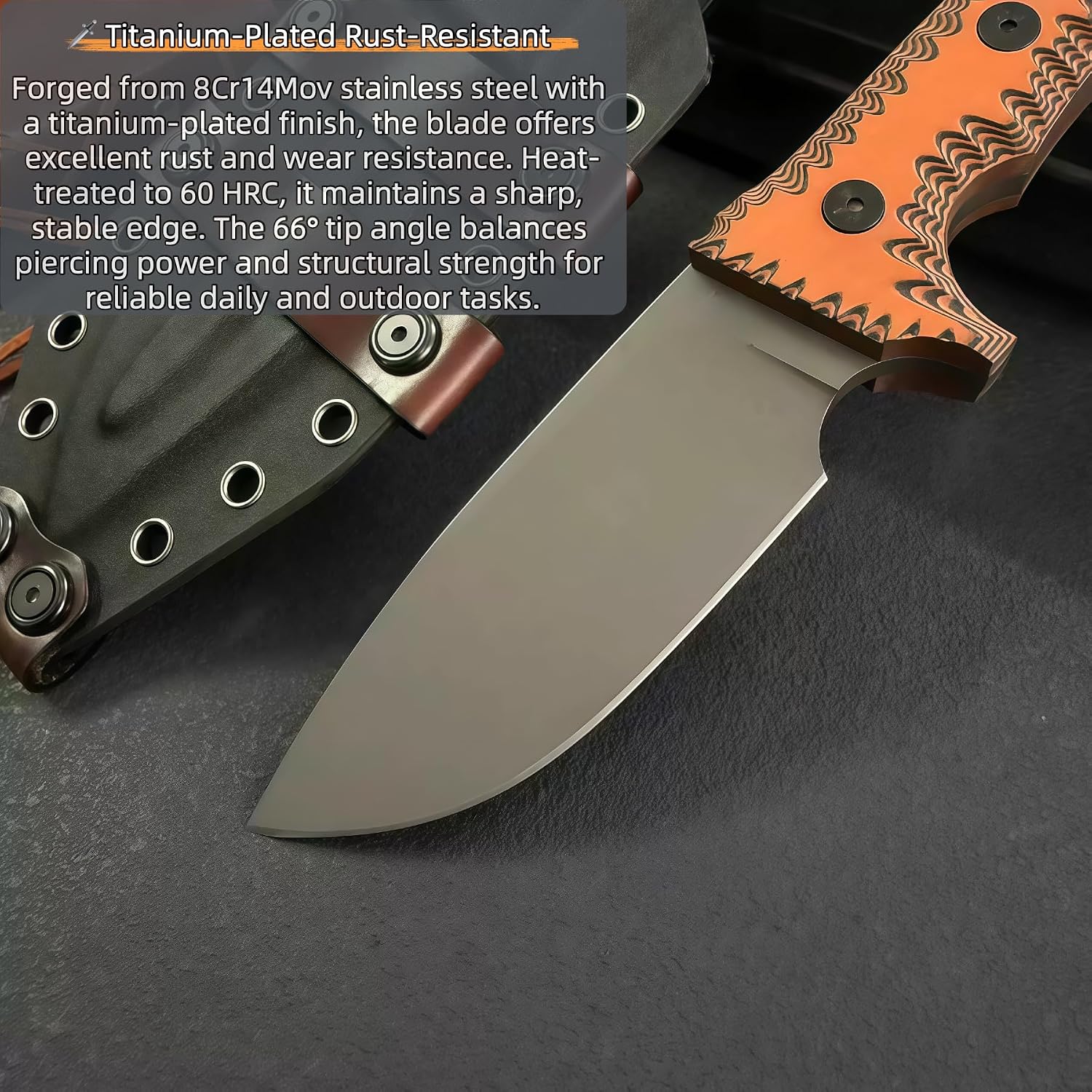 Hunting Knives, Fixed Blade Knife - 8Cr14Mov Steel (60 HRC), Titanium-Plated Blade, Fixed Blade Knife, Wavy G10 Handle, Premium Leather Sheath, Camping Knives & Tools, Outdoor Gear, Gifts for Men