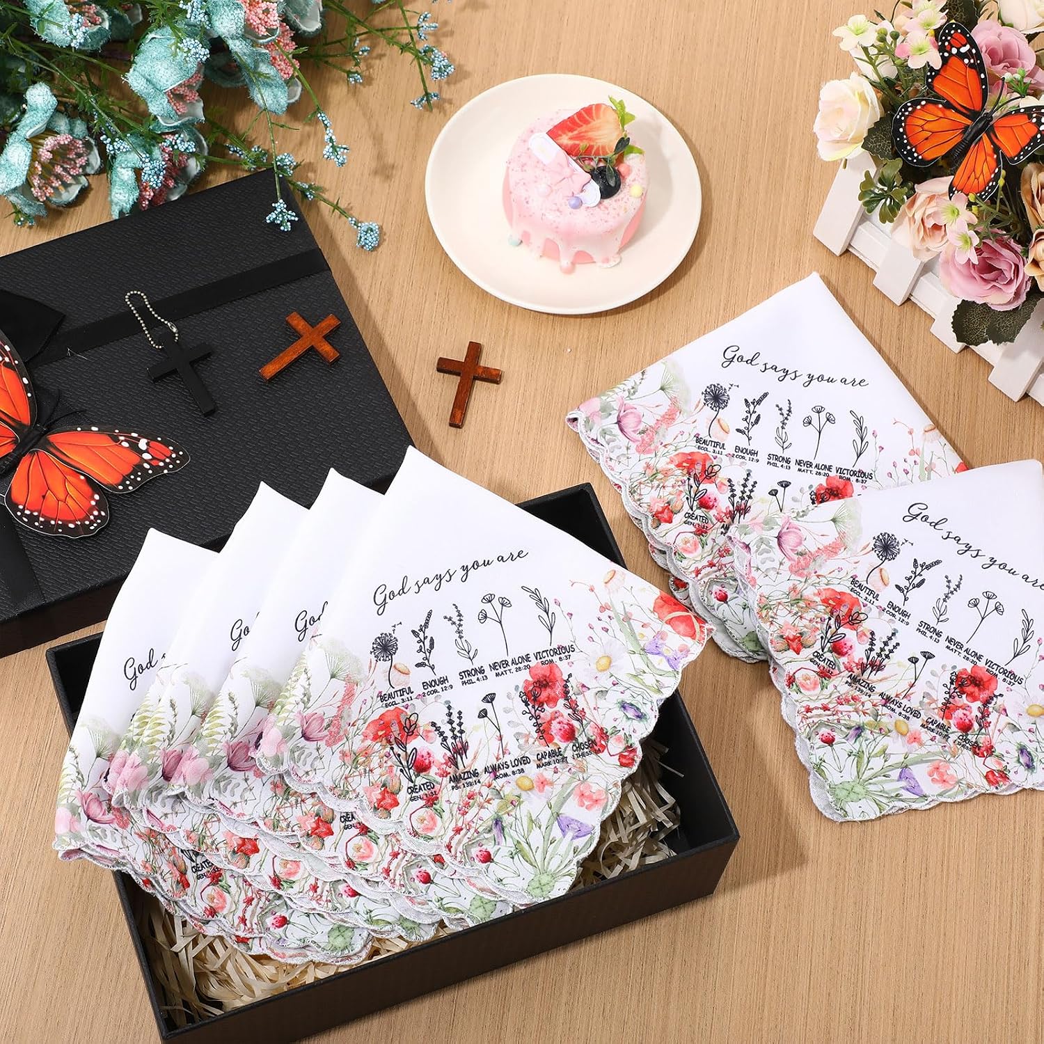 SmoothNovelty 24 Pcs Christian Handkerchiefs Ladies Inspirational Spiritual Bible Verse Hankies for Women Religious Mothers Day Gifts Bulk(Floral)