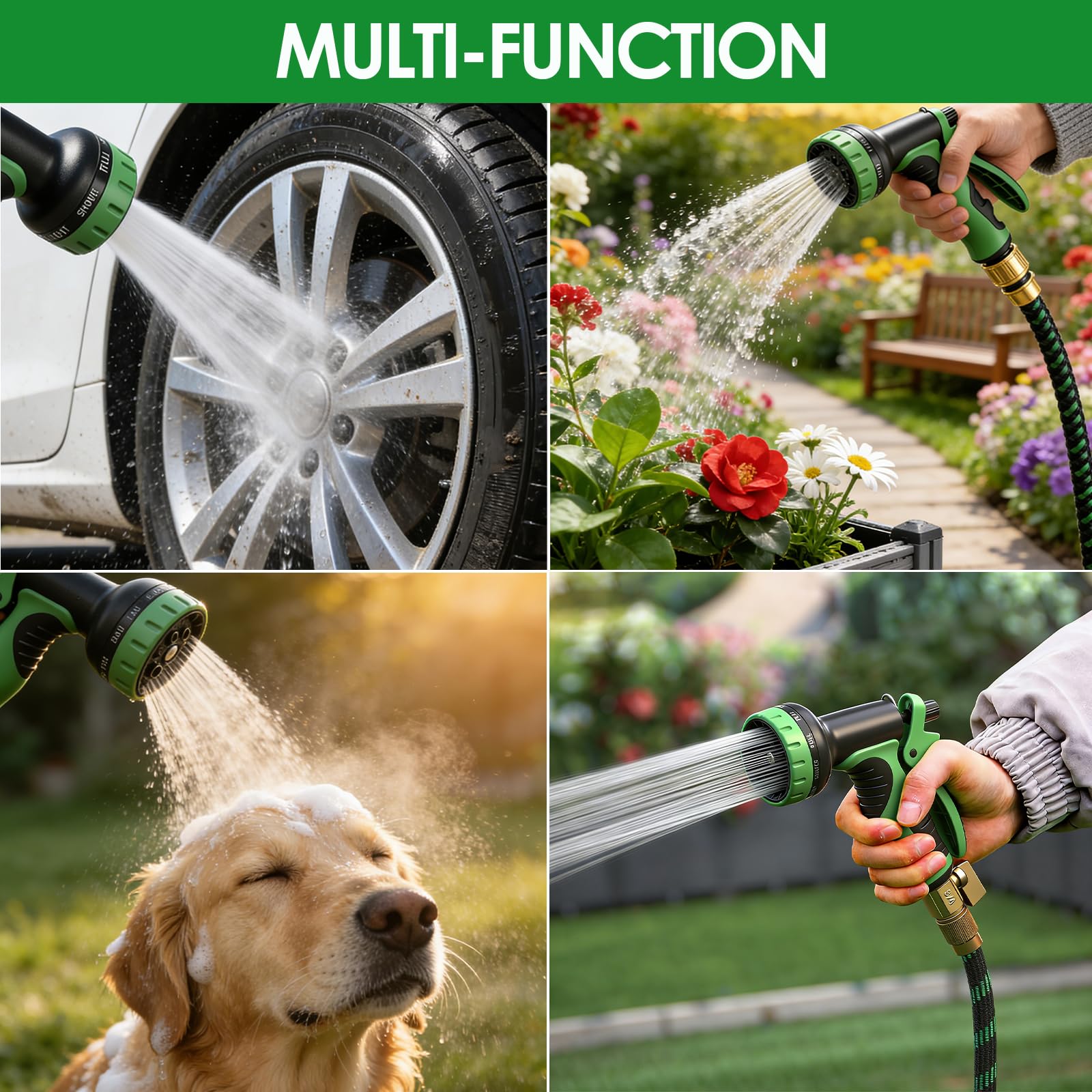 Manguera de Jardín Extensible Flexible de 15m con Pistola Rociadora de 10 Funciones, Conectores de Latón 1/2" y 3/4", Antifugas, Anticorrosión y Alta Presión para Riego, Lavado de Coche y Limpieza