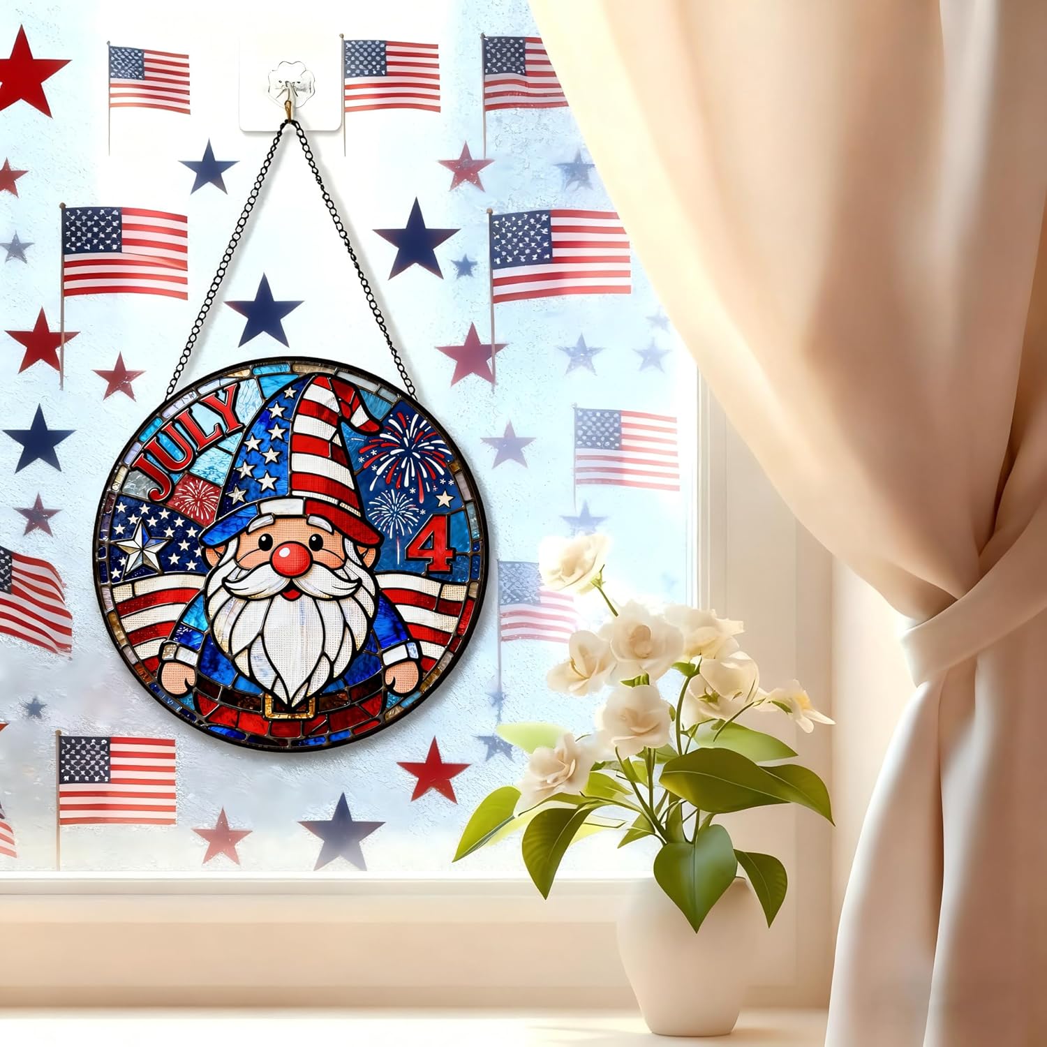 Funoasis 4th of July Stained Glass Suncatcher - Gnome American Flag Handcrafted Ornaments Gift for Independence Day