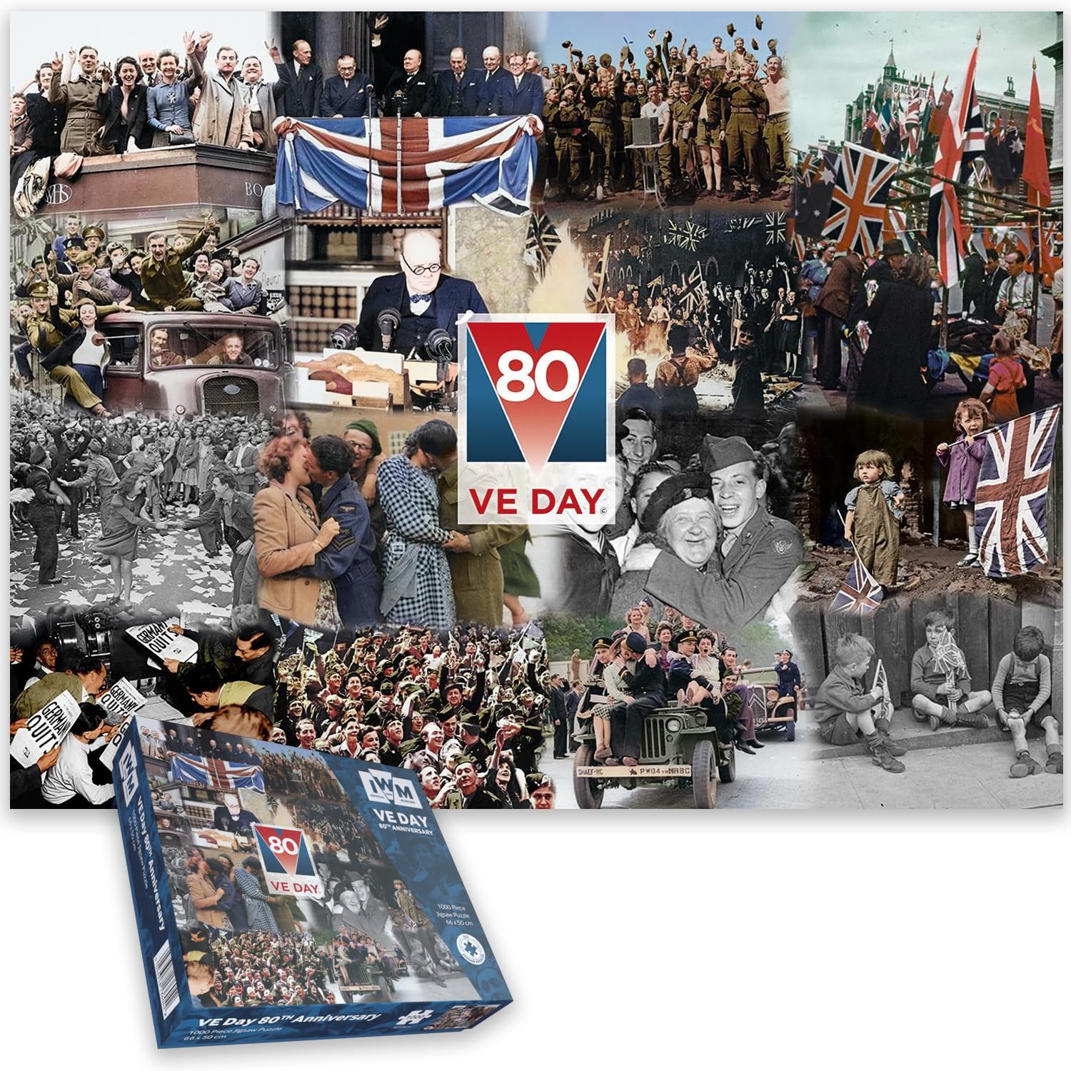VE Day 80th Anniversary Jigsaw Puzzle – 1000 Piece WWII Commemorative Puzzle by Imperial War Museum – Historical Montage of Troops, Headlines & Celebrations