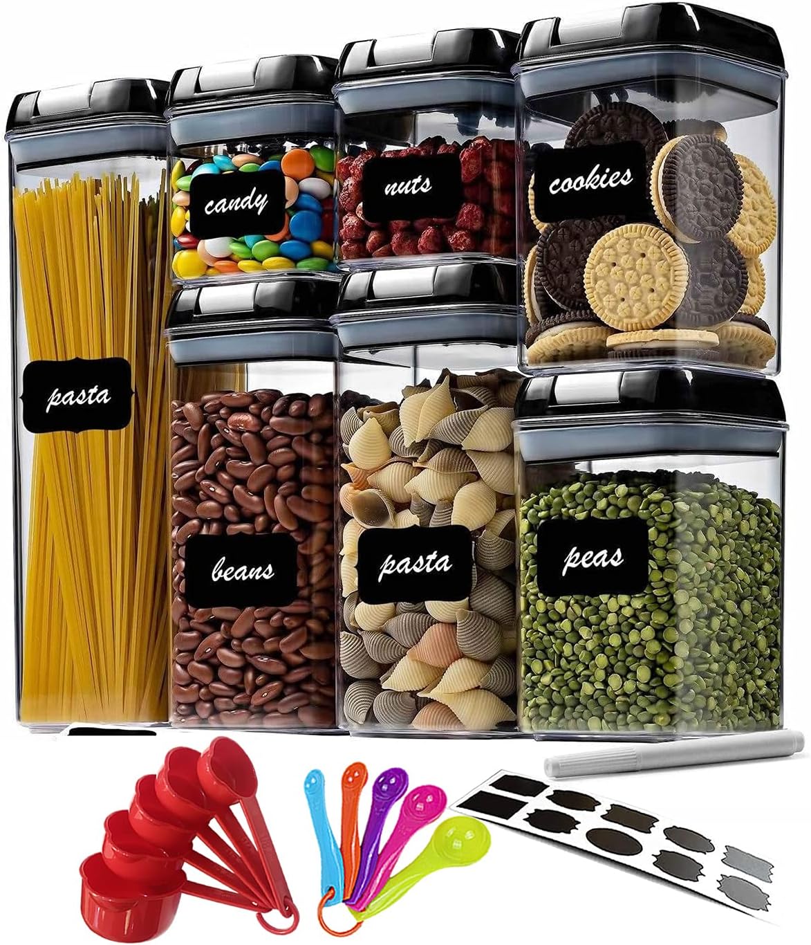 Upgraded Airtight Food Storage Container Set,Kitchen & Pantry Organization 7 Pieces BPA Free Plastic for Dry Foods & Liquids,10 Pieces Measuring Spoon Cup Set