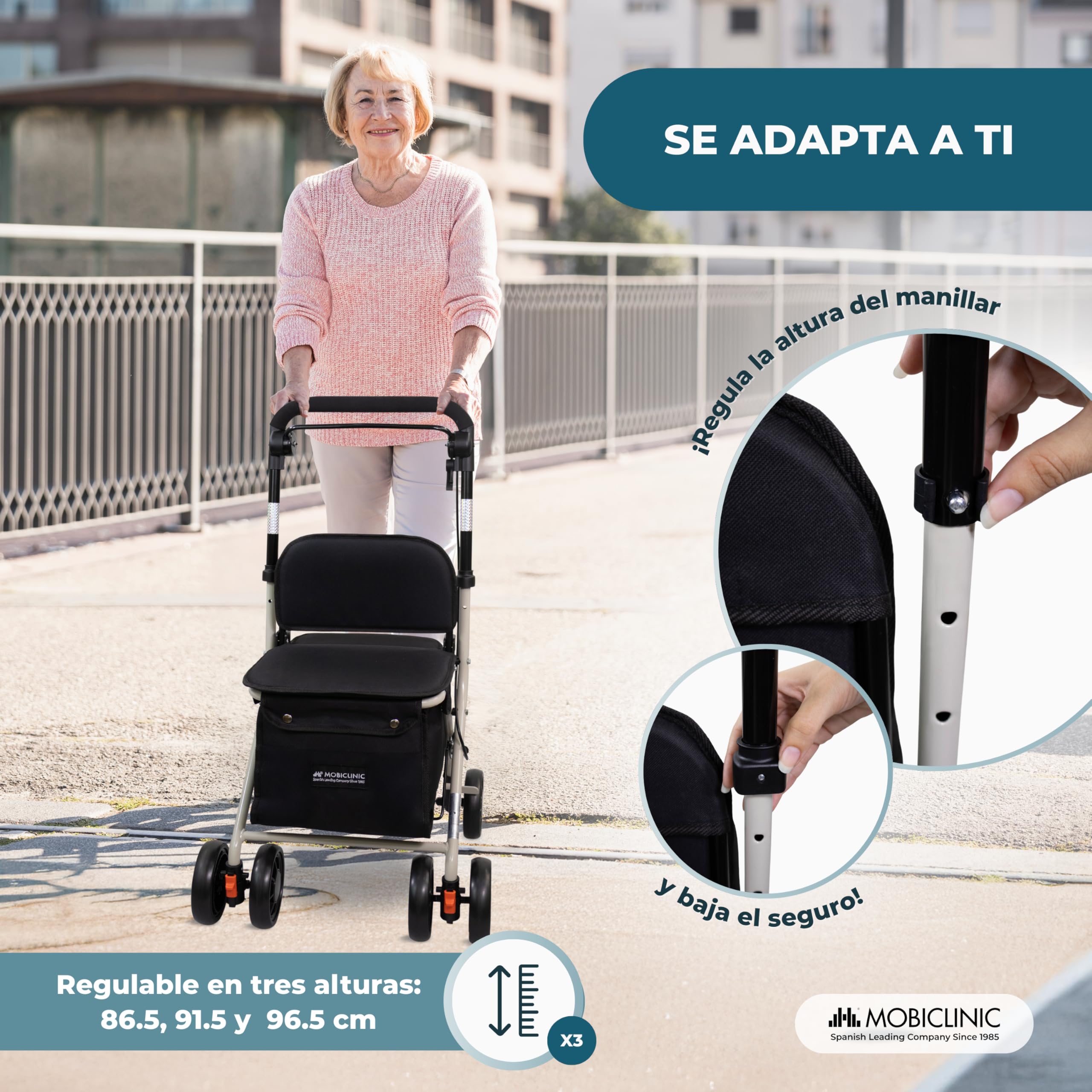Mobiclinic® Andador Plegable Carro de la Compra con Asiento Coliseo Acero Ruedas 360º Negro