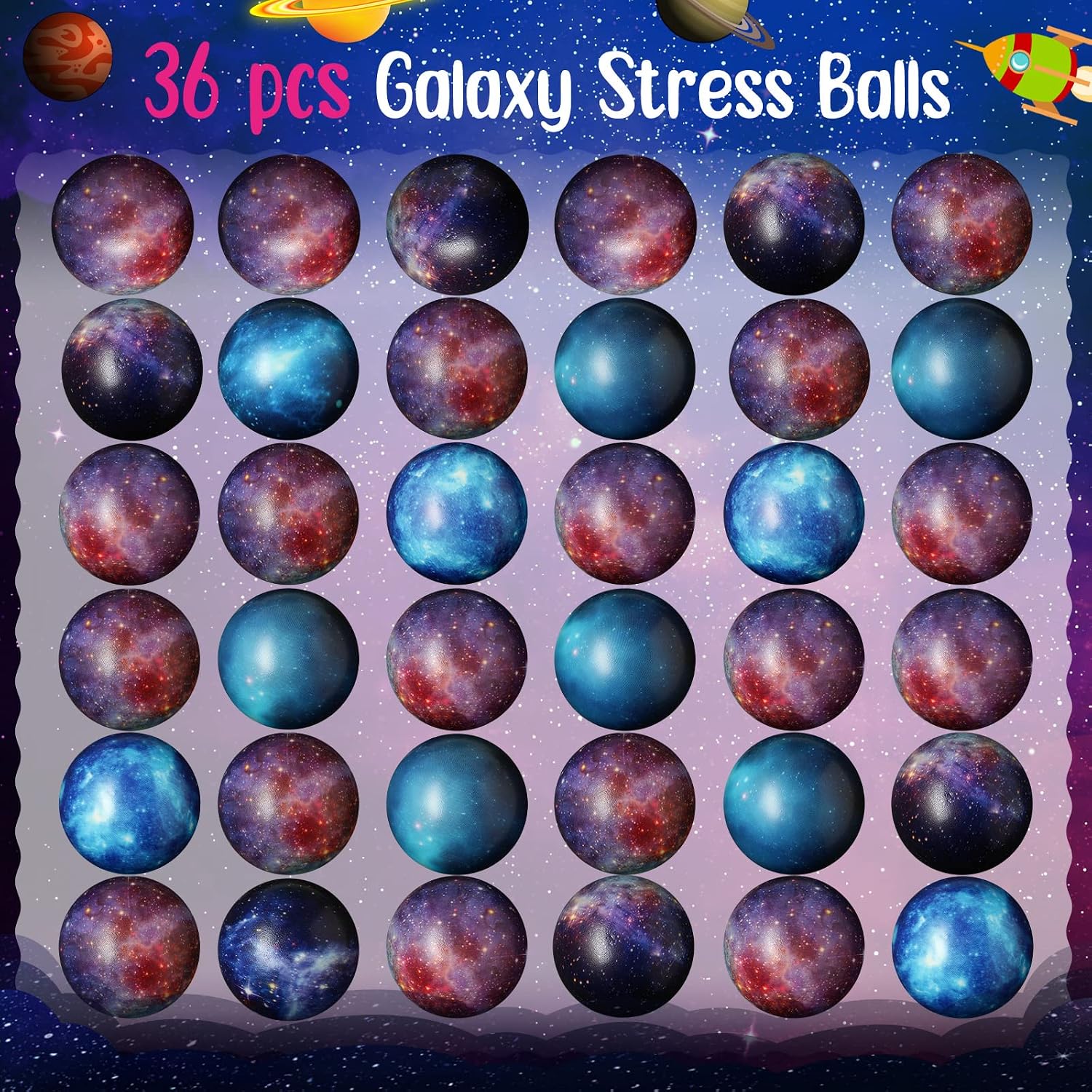 36 Pack Valentine's Day Gift Cards with Galaxy Stress Balls Galaxy Pattern Cards Space Theme Galaxy Stress Balls Set for Valentine's Day Classroom Exchange Gift (Galaxy)