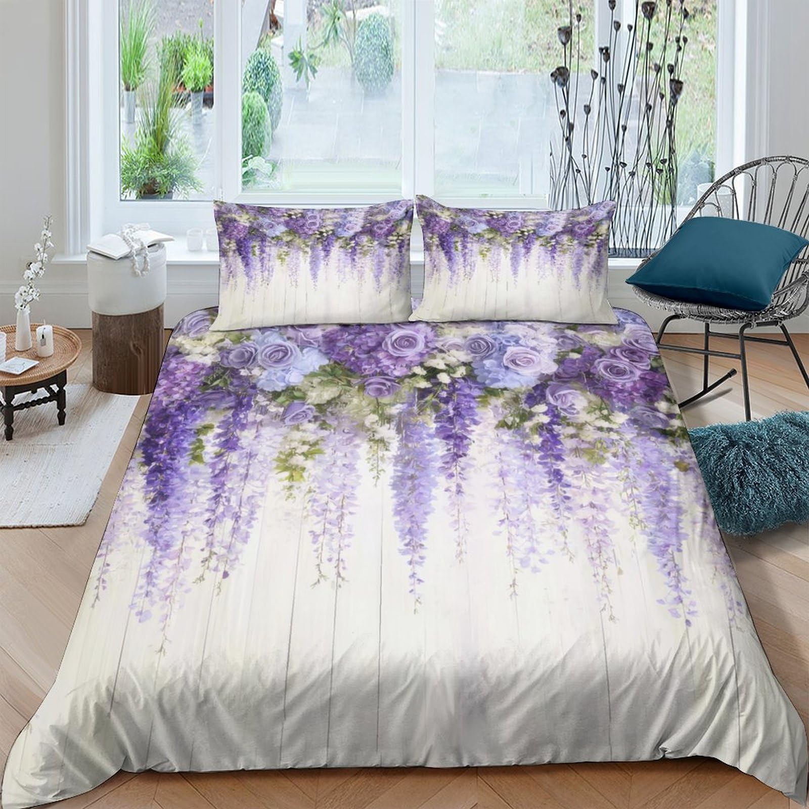 Ctjqhvkz Style-2 3D Printed Wisteria Floral Fitted Sheet Microfiber Soft Purple Hydrangea Bed Cover For Bedroom Guest Room Decor Single（135X200cm）