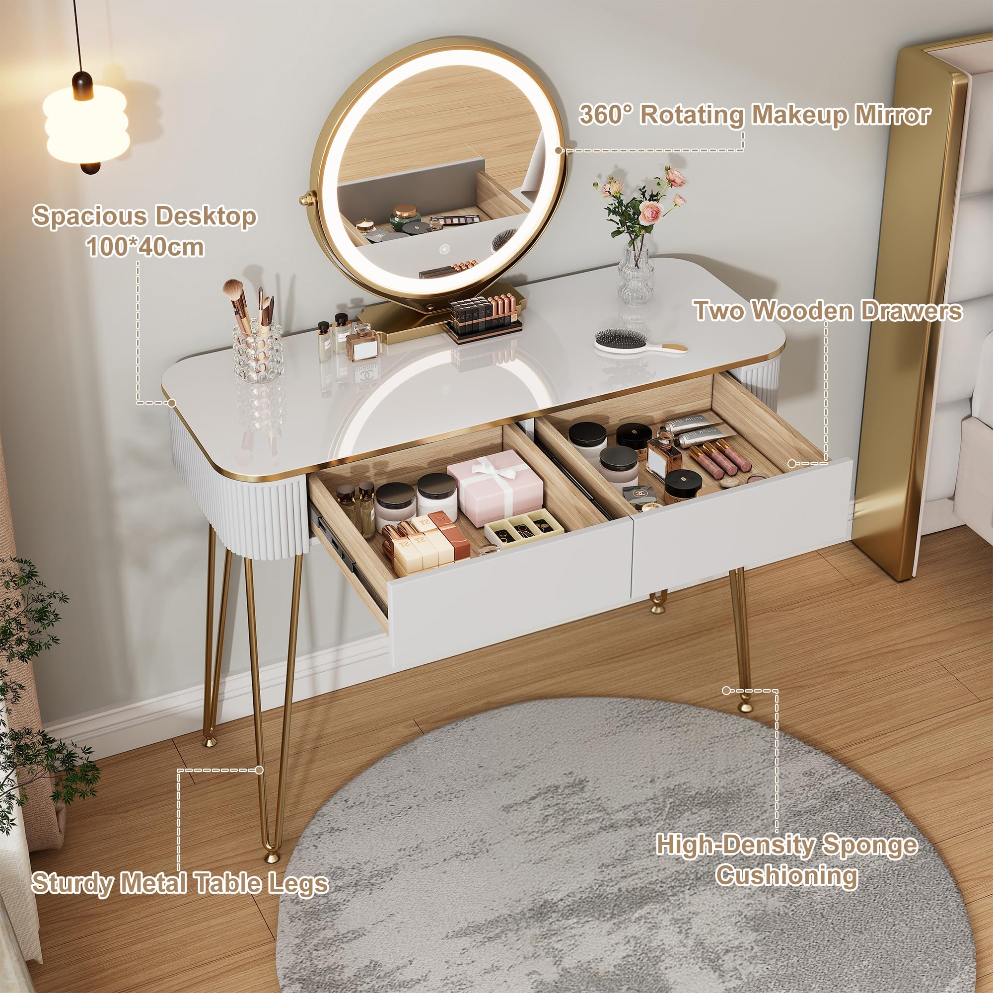 Furnistar White & Gold Vanity Desk with Round LED Mirror & 2 Drawers — product photo