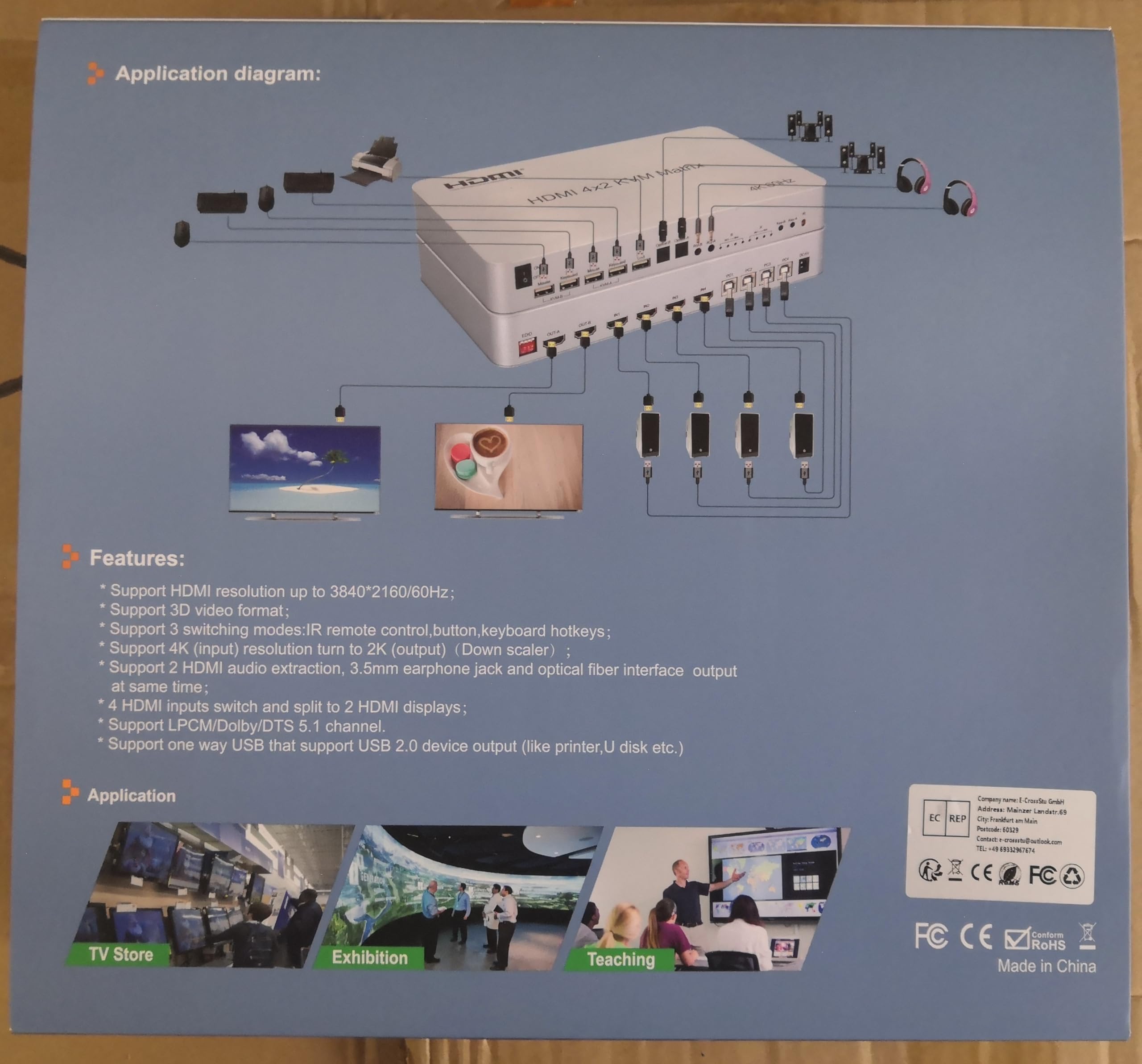 Swallows Commutateur 4 ports USB HD KVM Matrix 4 x 2 double écran 4 K @ 60 Hz HDR 4 en 2 sorties HD 2.0 pour clavier USB 2.0 souris PC avec double audio indépendant.