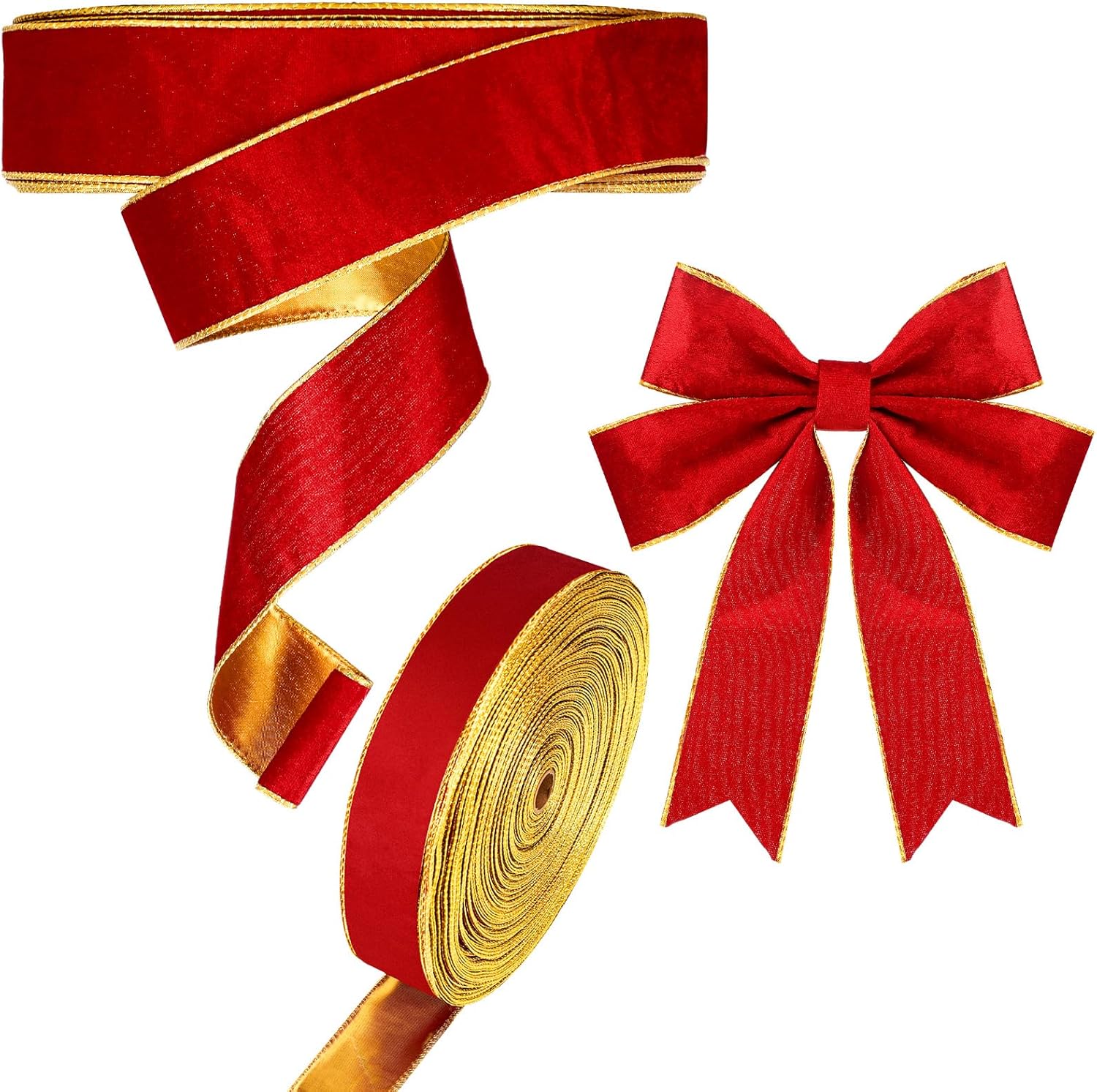 Yinder Christmas Velvet Ribbon 2.5 Inches Wired Gold Edges Trim Wrapping Double Side Ribbon for Xmas Bow Holiday Gift Wrapping(60 Yards,Red, Gold)