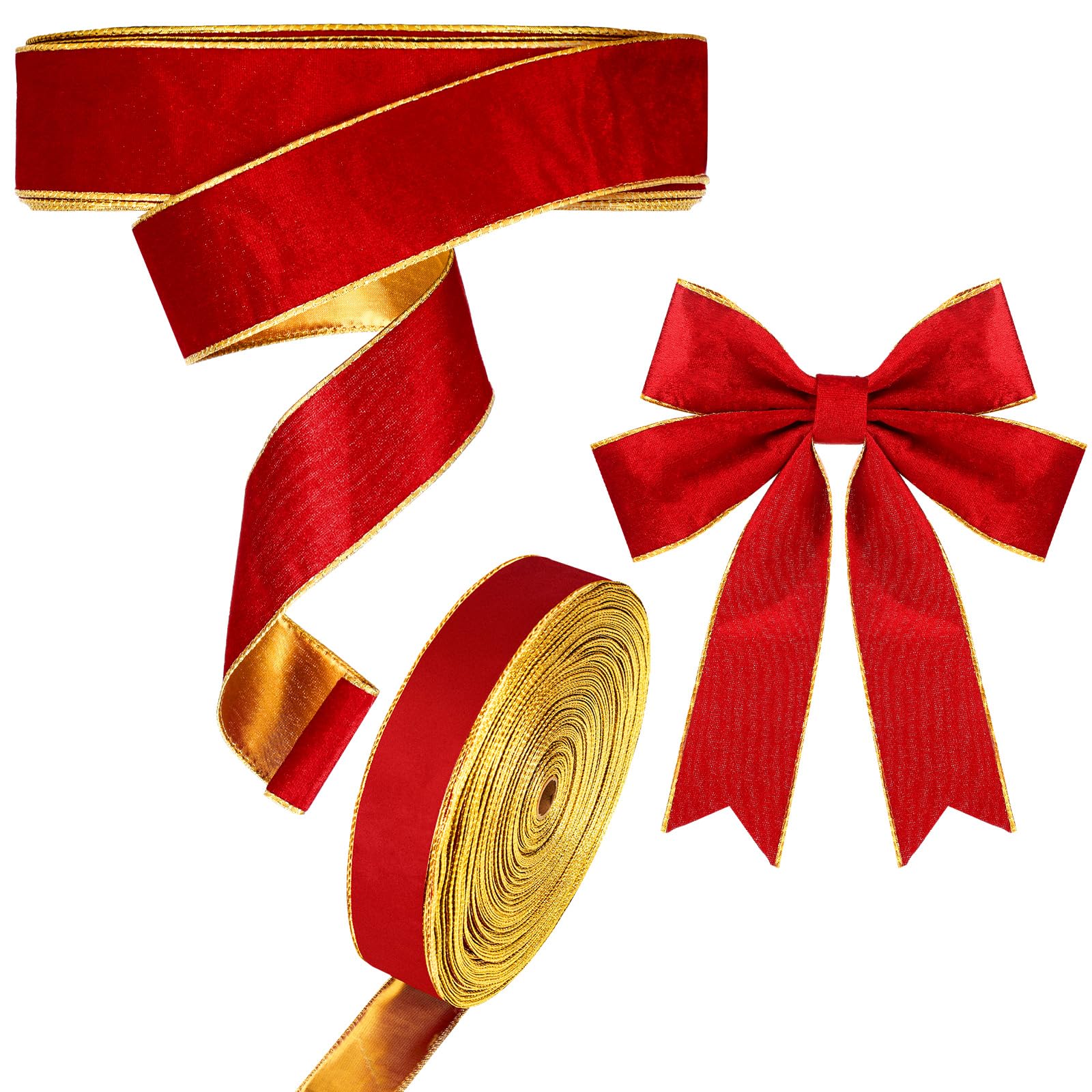 Yinder Weihnachts-Samtband, 6,3 cm, verdrahtet, goldene Kanten, doppelseitiges Band für Weihnachtsschleife, Urlaub, Geschenkverpackungen (91,4 m, Rot, Gold)