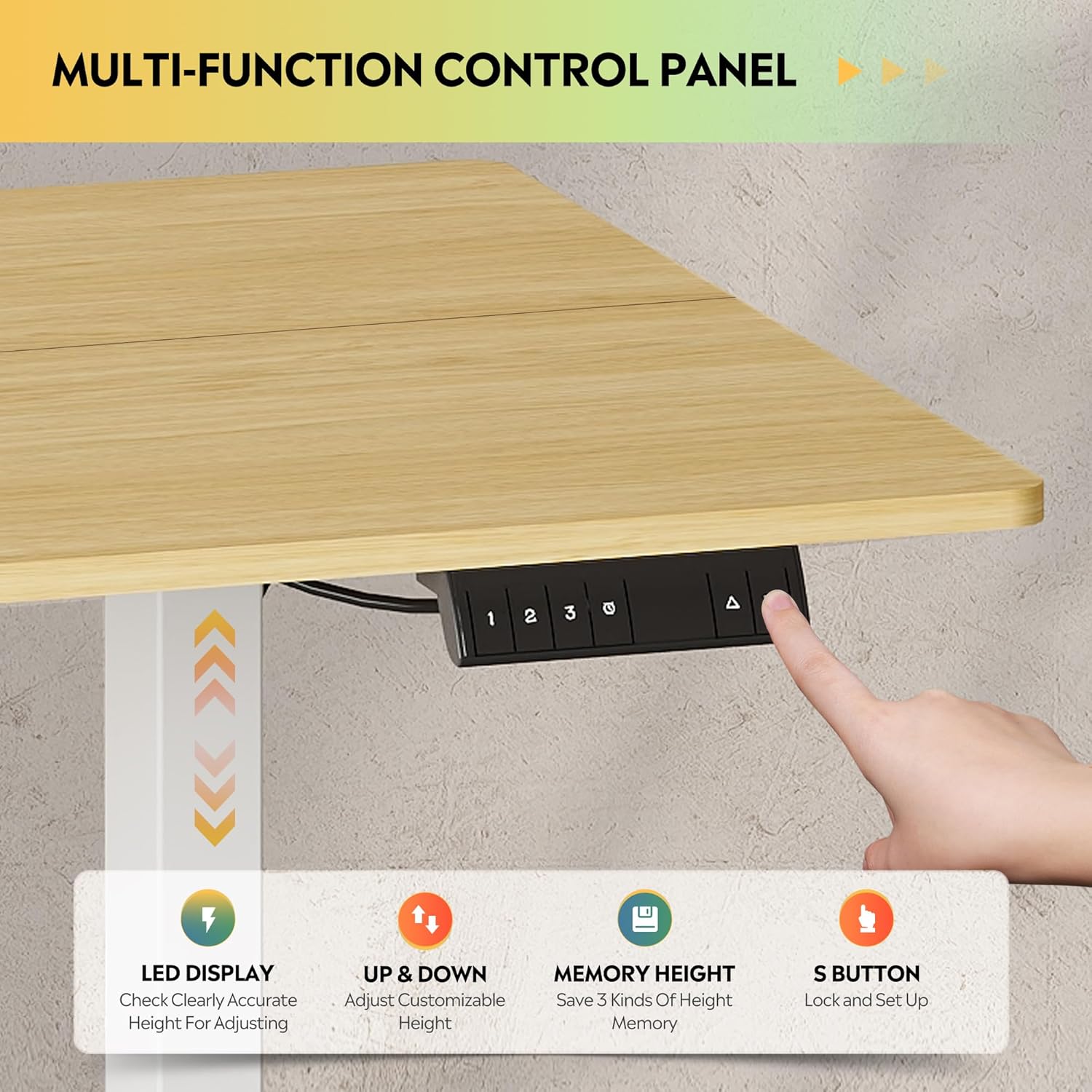 Close-up of the DEVAISE electric standing desk's LED touchscreen control panel, showing buttons for up, down, memory presets (1, 2, 3), and 'S' for saving settings.
