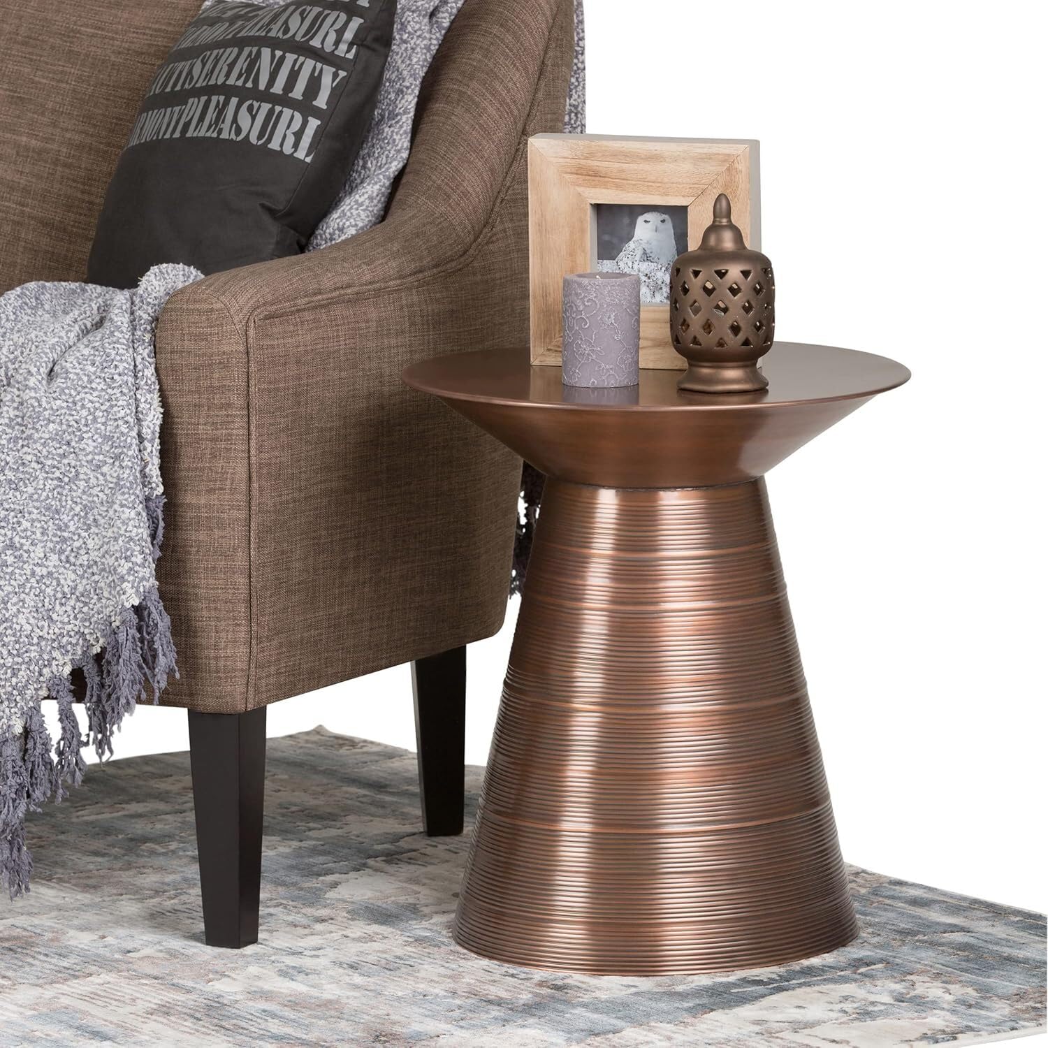 HomeStock Beachy 18 in Wide Metal Accent Side Table in Aged Copper Finish with Circular Base Detail, Fully Assembled, Contemporary Sculptural Design, Versatile Use