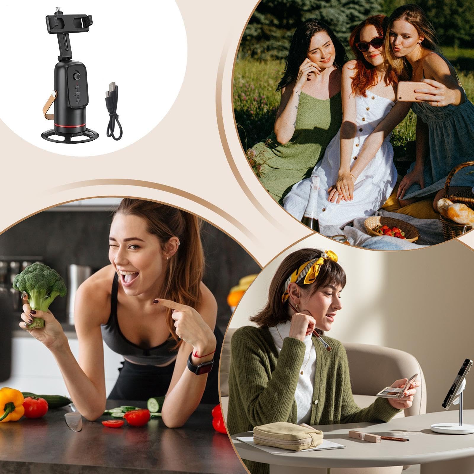 Treppiede viso – Supporto girevole a 360° | Supporto per telefono | Supporto per fotocamera con movimento automatico, batteria integrata da 1200 mAh, sensore intelligente, compatto, per l'en