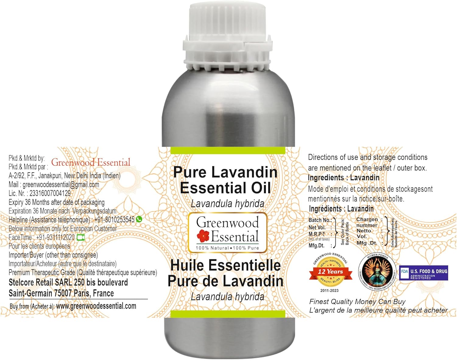 Greenwood Essential Pure Lavandin Essential Oil (Lavandula hybrida) Steam Distilled 300ml (10.1 oz)