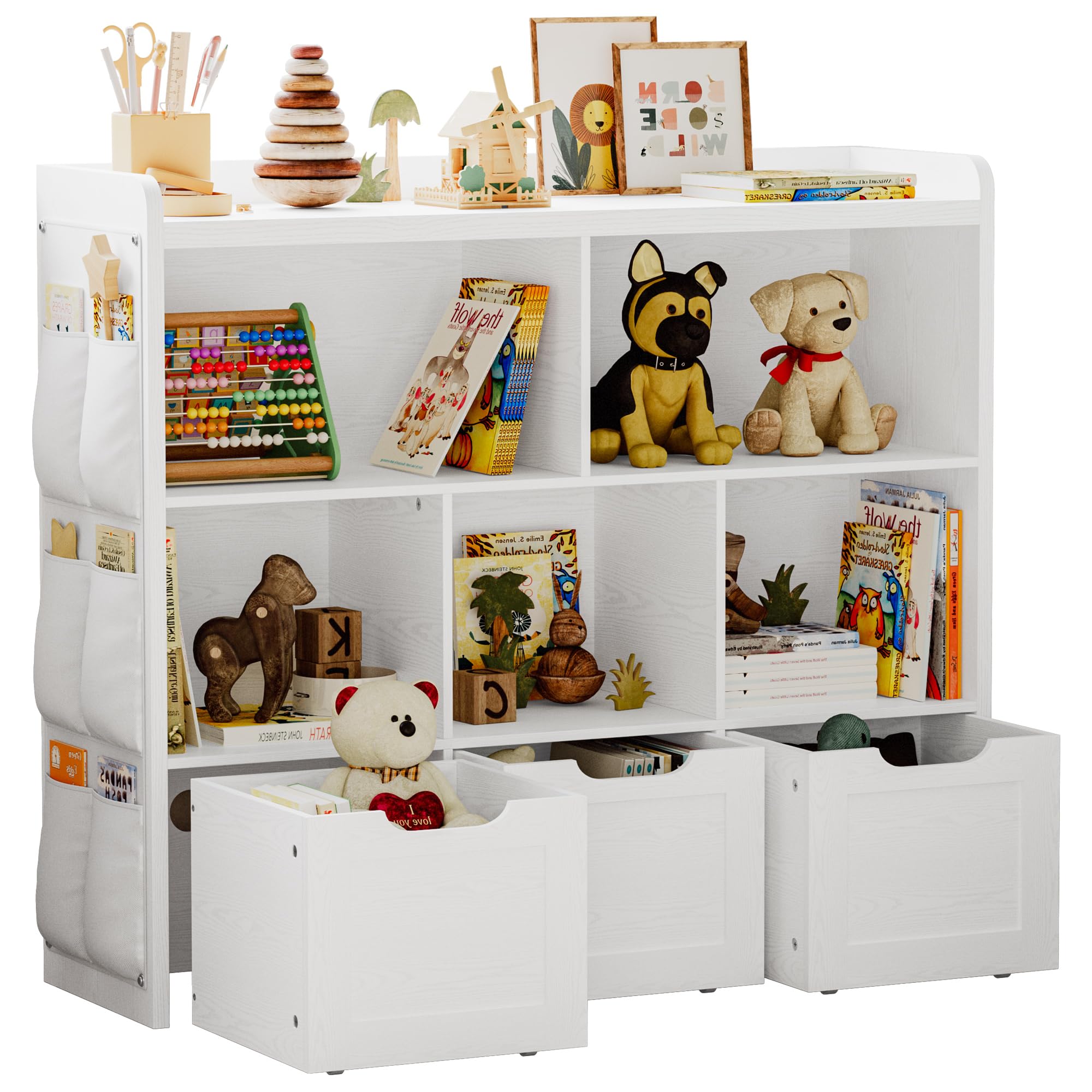 IRONCK Toy Storage Organizer with 3 Movable Drawers, Multifunctional Floor Storage Cabinet Toy Chest with 5 Storage Cubbies, Bookcase for Bedroom and Playroom, White