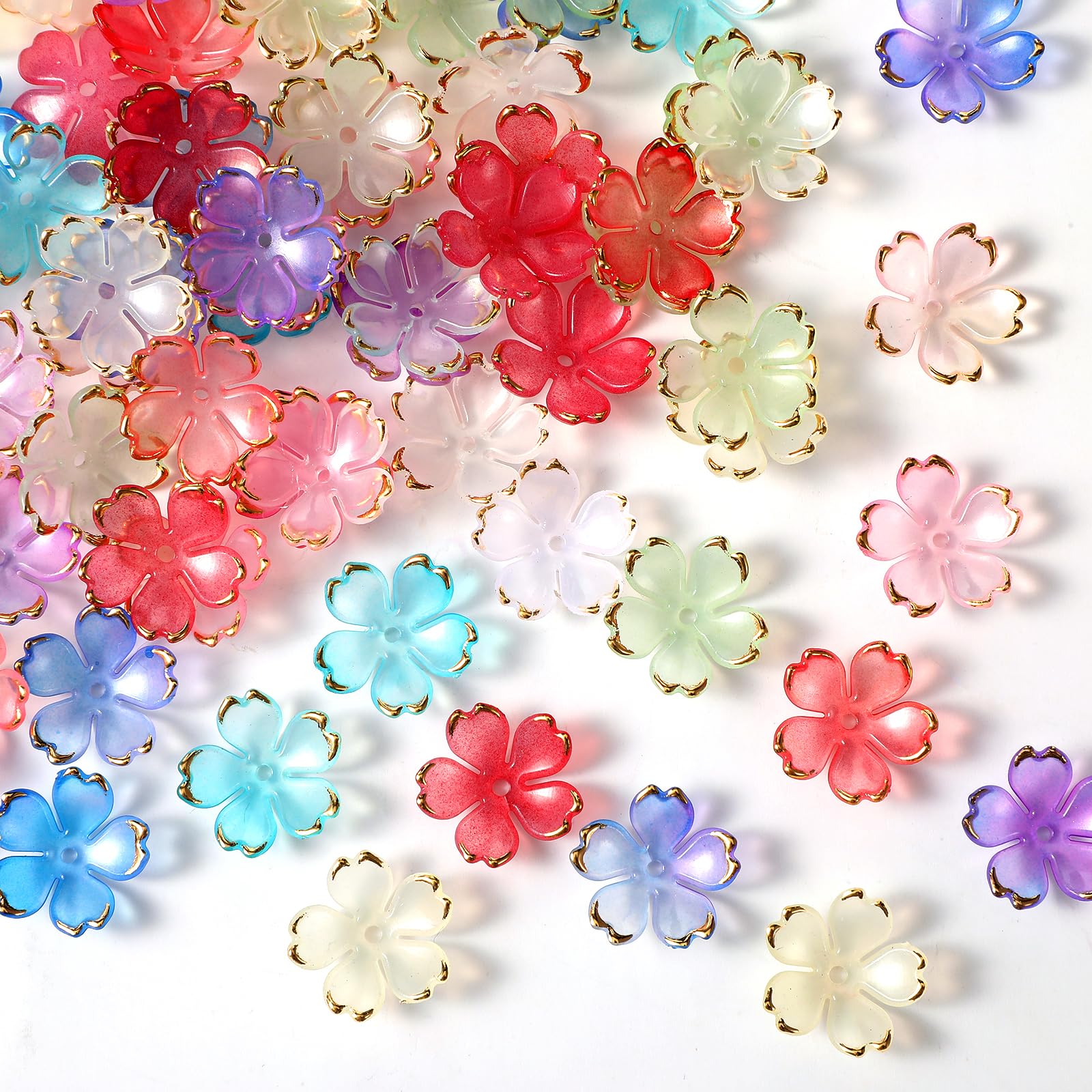 100Pcs Flower Beads for Jewellery Making,Ymapinc Cute Floral Bead Charms Cherry Blossom Acrylic Flower Spacer Beads for Jewellery Making Gold Edge Petal Mini Spacer Bead Charm Random Color
