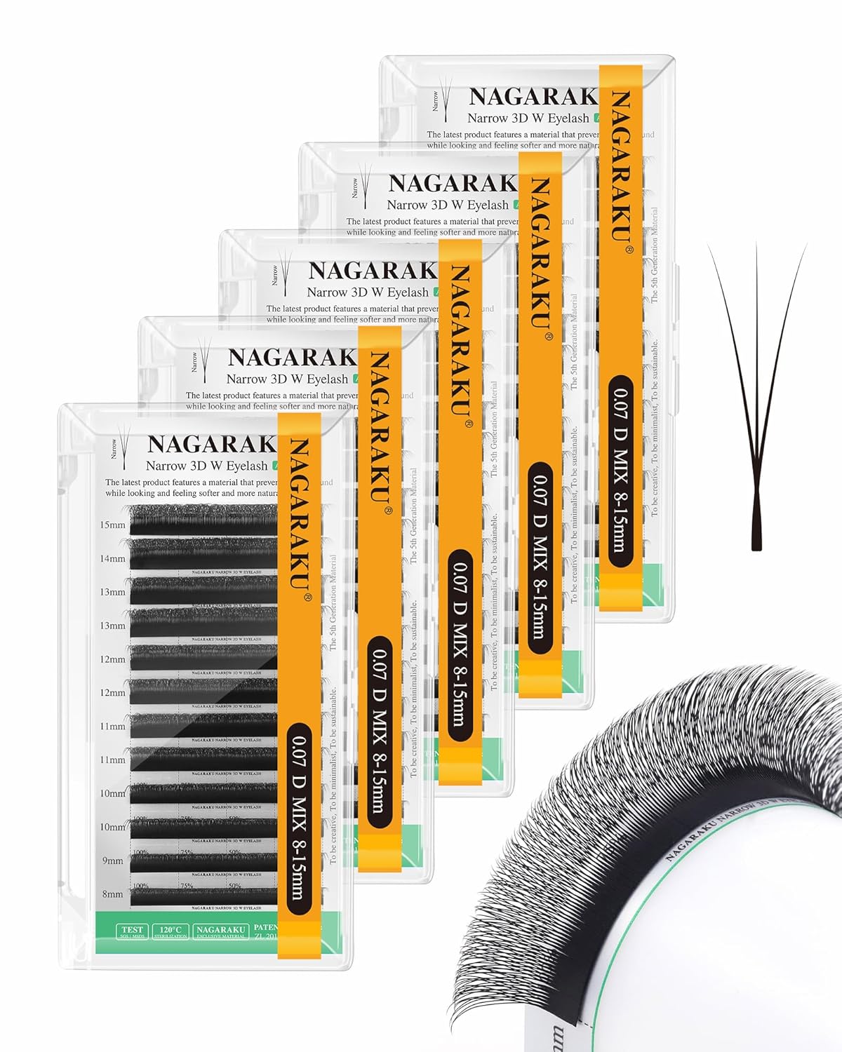 NAGARAKU Narrow 3D W Eyelash Extension, 5 Trays in 1 Pack Small Spacing 3D Clover Lash Supplies Natural Soft Premade Fans PBT Cluster W Shape Lash Easy Fanning yy False Lashes Black - 0.07D 8-15 Mix