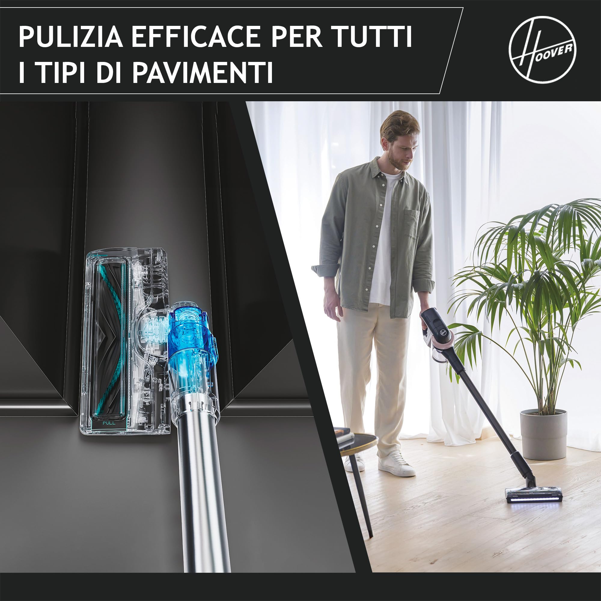 Hoover Pet Edizione Speciale, Aspirapolvere senza fili, manovrabilità a 360° per tutti i tipi di pavimenti, spazzola anti-groviglio con luci LED e mini turbo spazzola per i peli di animali [HF416BF]