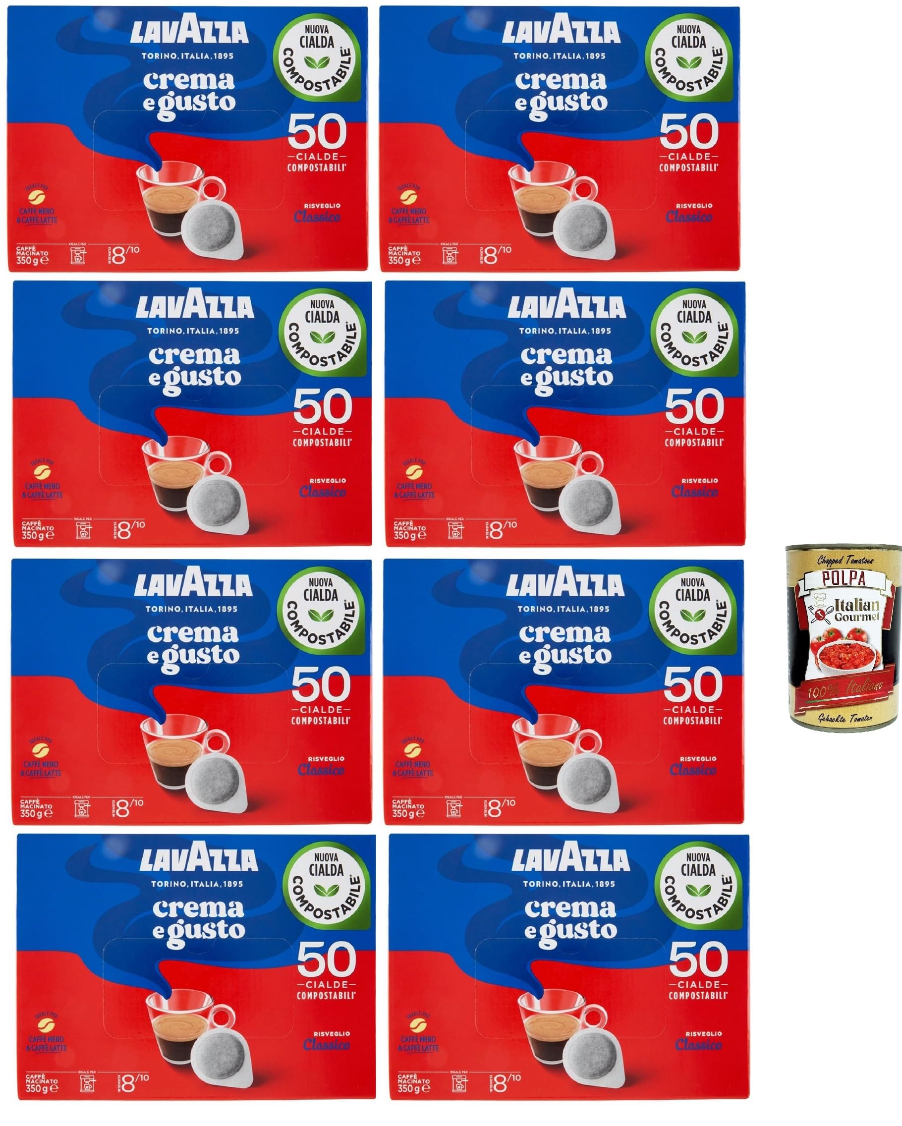 Italian Gourmet Crema e Gusto Cialde E.S.E. 44mm 8 x 50 Kaffeepads | Intensità 8/10, aroma classico; kompostierbar, einzeln verpackt, kompatibel mit Maschinen für, + Kostenlos Polpa 400g