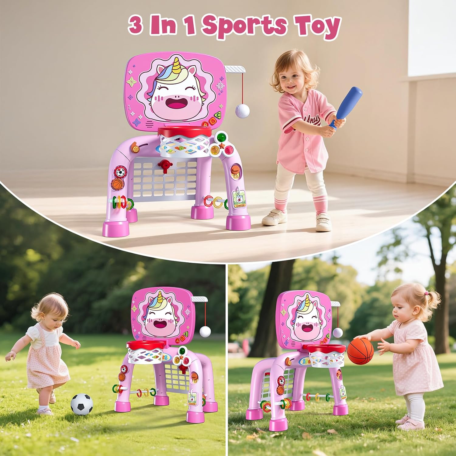 Toddler Basketball Hoop Tball Set & Soccer Goal - Unicorn Sport Toys for 1 Year Old Girl with Learning Activities (Abacus/Alphabet/Animals Sounds) Christmas Birthday Gifts for Baby Girl Age 1 2 3
