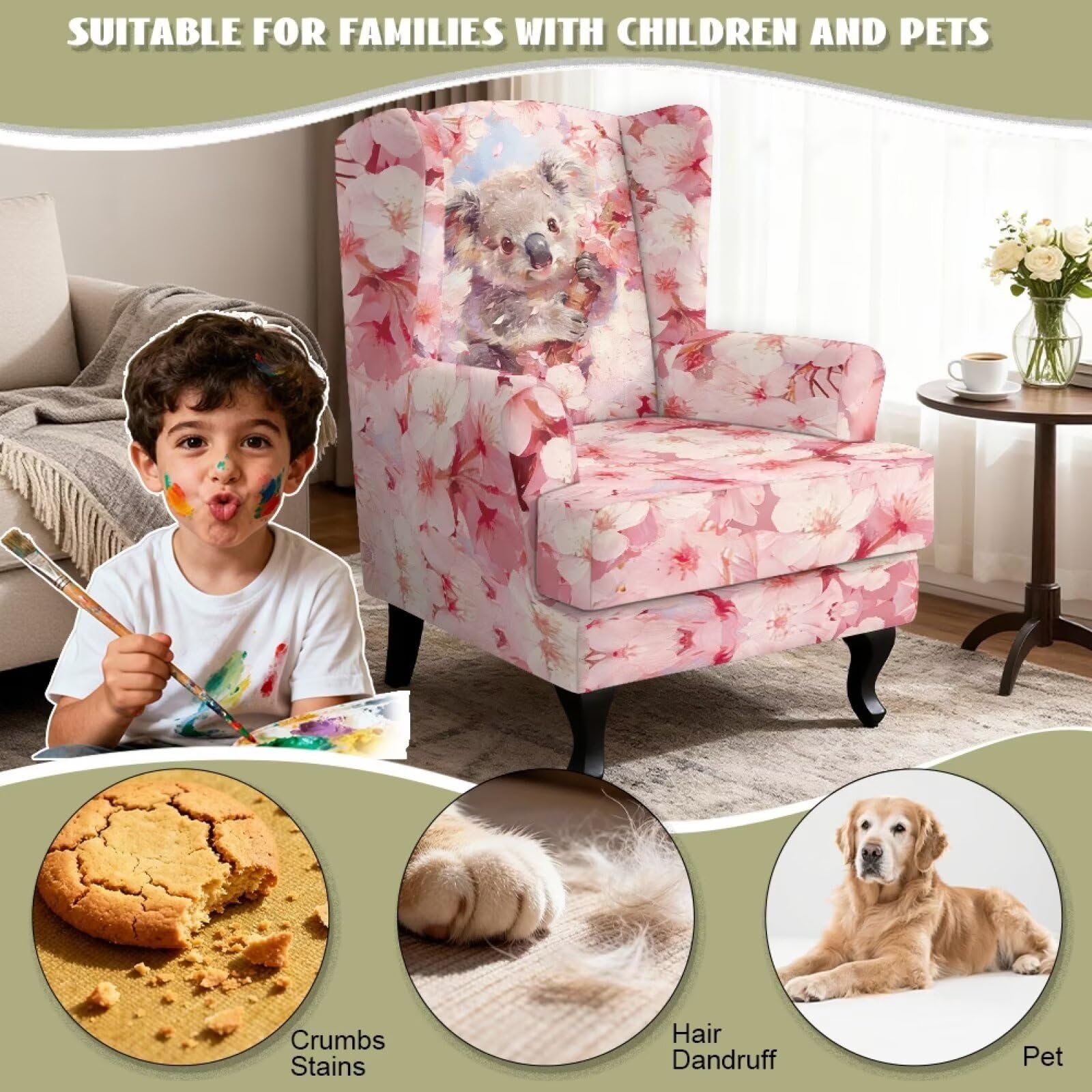 Xoenoiee Koala - Funda para silla con respaldo de alas con estampado de flores de cerezo, 2 piezas, fundas para sillón con parte inferior elástica, protector antideslizante para muebles para sala de