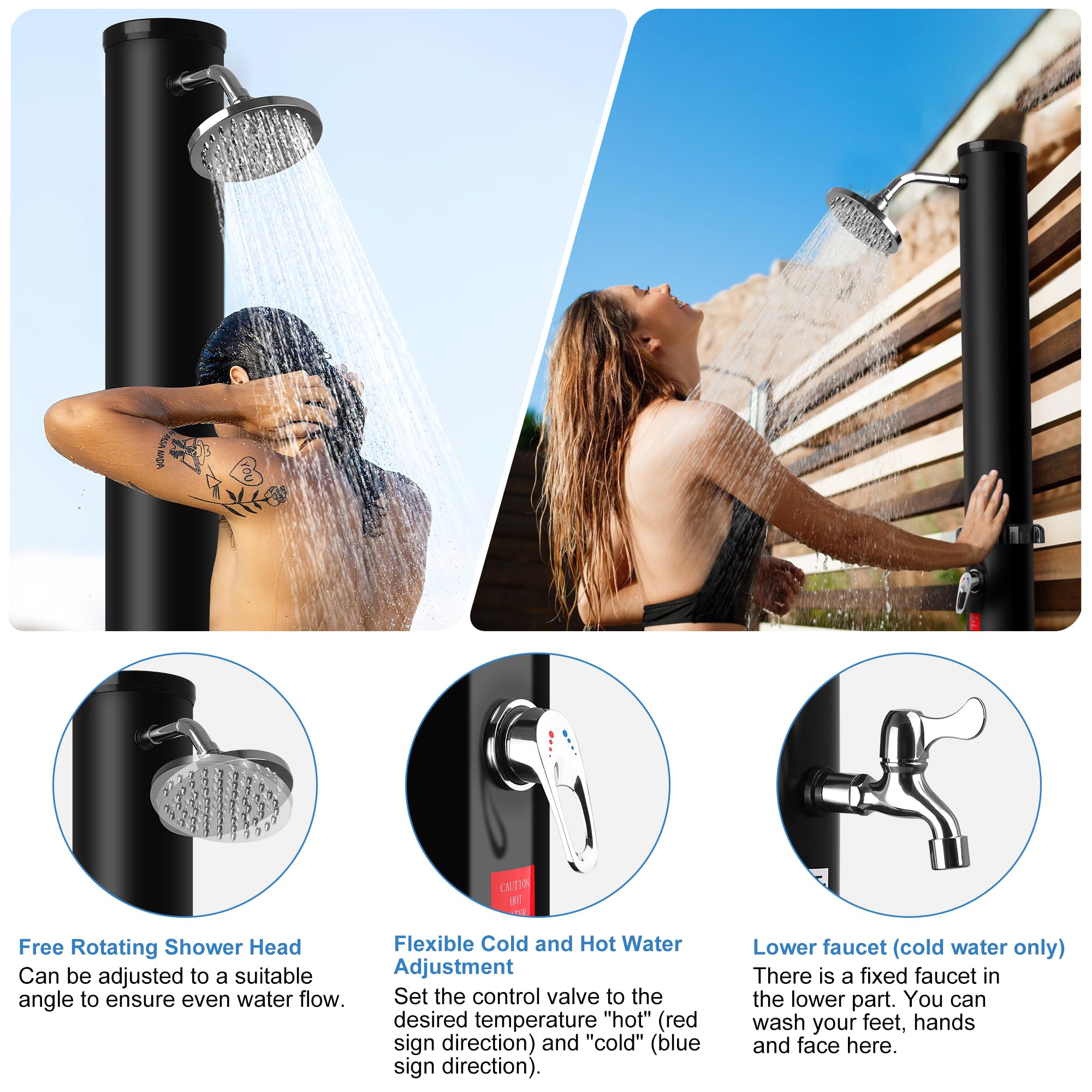 Ducha Solar Exterior, Ducha Piscina para Jardín con Cabezal de Ducha y Grifo Regulación de Temperatura y Presión para Jardín, Camping y Piscina (35L)