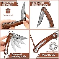 Vista 6 de Benkey Cuchillo de bolsillo de acero de Damasco, cuchillo de bolsillo afilado VG10 Damasco con mango de madera hecho a mano, funda de cuero