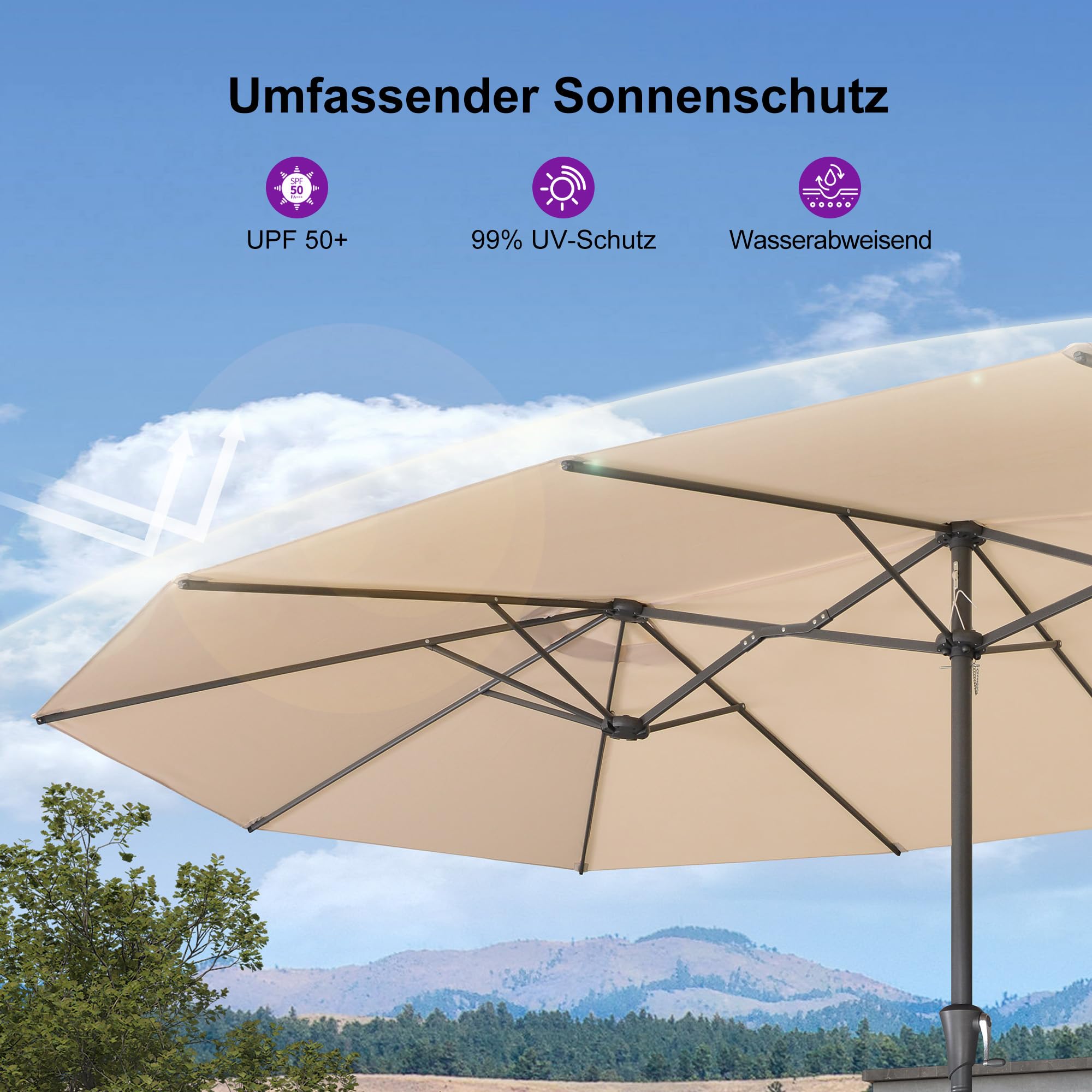 PURPLE LEAF Sonnenschirm 455 × 270 cm mit Kurbel Doppelsonnenschirm, Beige | XL-Schatten, Stabiler Rostschutz-Rahmen, Leichte Kurbelbedienung, UV-Schutz Polyesterz, Inklusive Sandsack, für Cafés