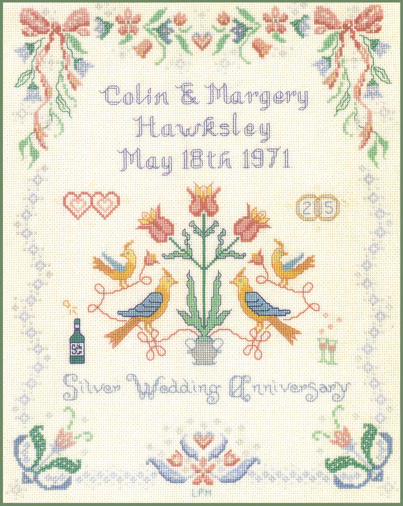 Lifetime Samplers Amber, Peach Silver Wedding Anniversary Sampler - Complete Cross Stitch Kit On 14 Aida With Clear Colour Chart