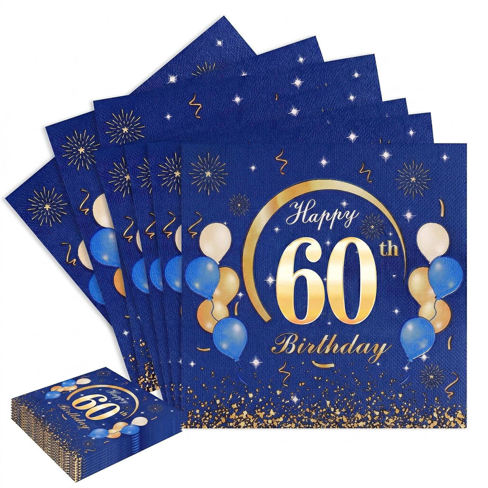 40PCS 60th Birthday Party Napkins, Disposable Blue Gold Paper Napkin for Men Women, 33x33cm Decorative Serviettes for 60th Birthday Celebration Decorations