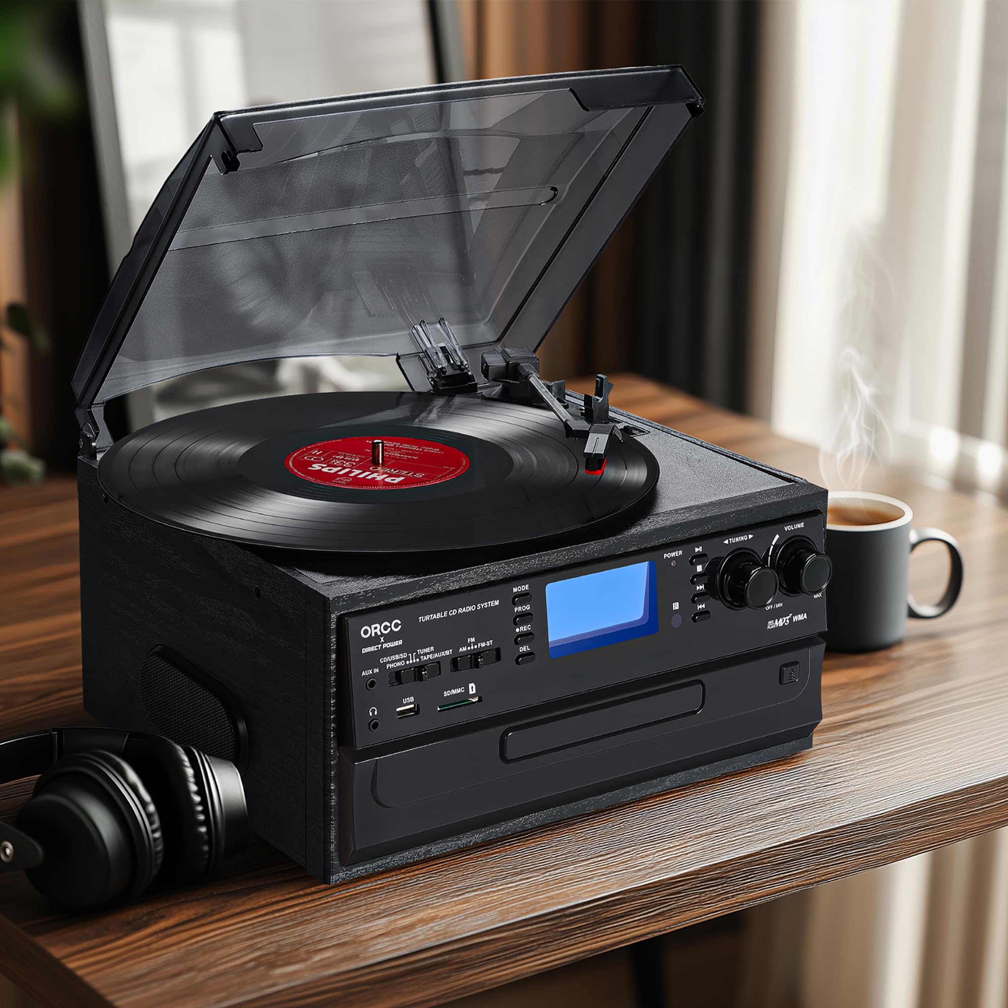 ORCC Giradischi Bluetooth 10 in 1 con altoparlante integrato, giradischi in vinile CD Cassette e radio FM/AM Combo, AUX in RCA Out USB MP3 Registrazione Jack per cuffie Giradischi compatto