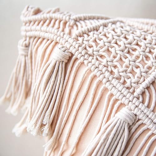 Miniatura 2 de Phantoscope Almohada bohemia tejida de ganchillo 100% algodón hecha a mano, cojín decorativo para sofá, color rosa, 18 x 18 pulgadas
