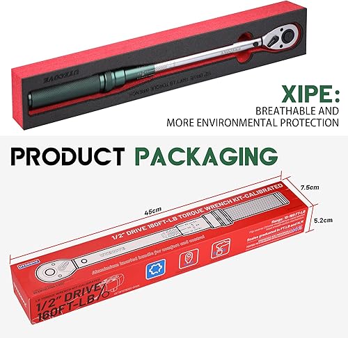 Miniatura 4 de Llave dinamométrica de clic de 12 pulgada, llave dinamométrica 12 unidad 10-160FT.LB13.6-217N.M con una bandeja de almacenamiento XIPE, verde