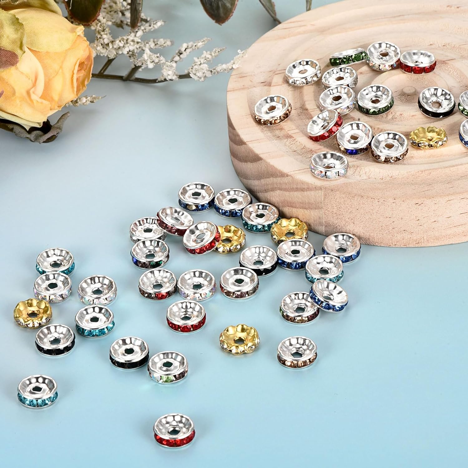 uxcell 80Pcs Rondelle Spacer Beads, 6mm Rhinestone Spacer Beads Silver Plated Crystal Bead Spacers for DIY Jewelry Making Necklaces Bracelet Pendants, Red - Image 4