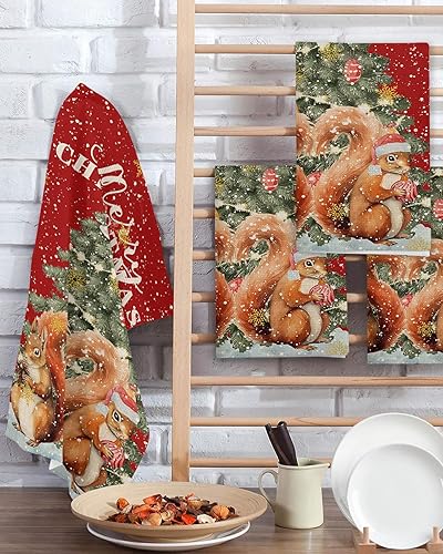 Miniatura 2 de Kitchen Towel 2 Packs Cotton Waffle Weave, Merry Christmas Cute Squirrel 16 x 24 Inch Absorbent Quick Drying Dish Towels Clothes for Kitchen Living