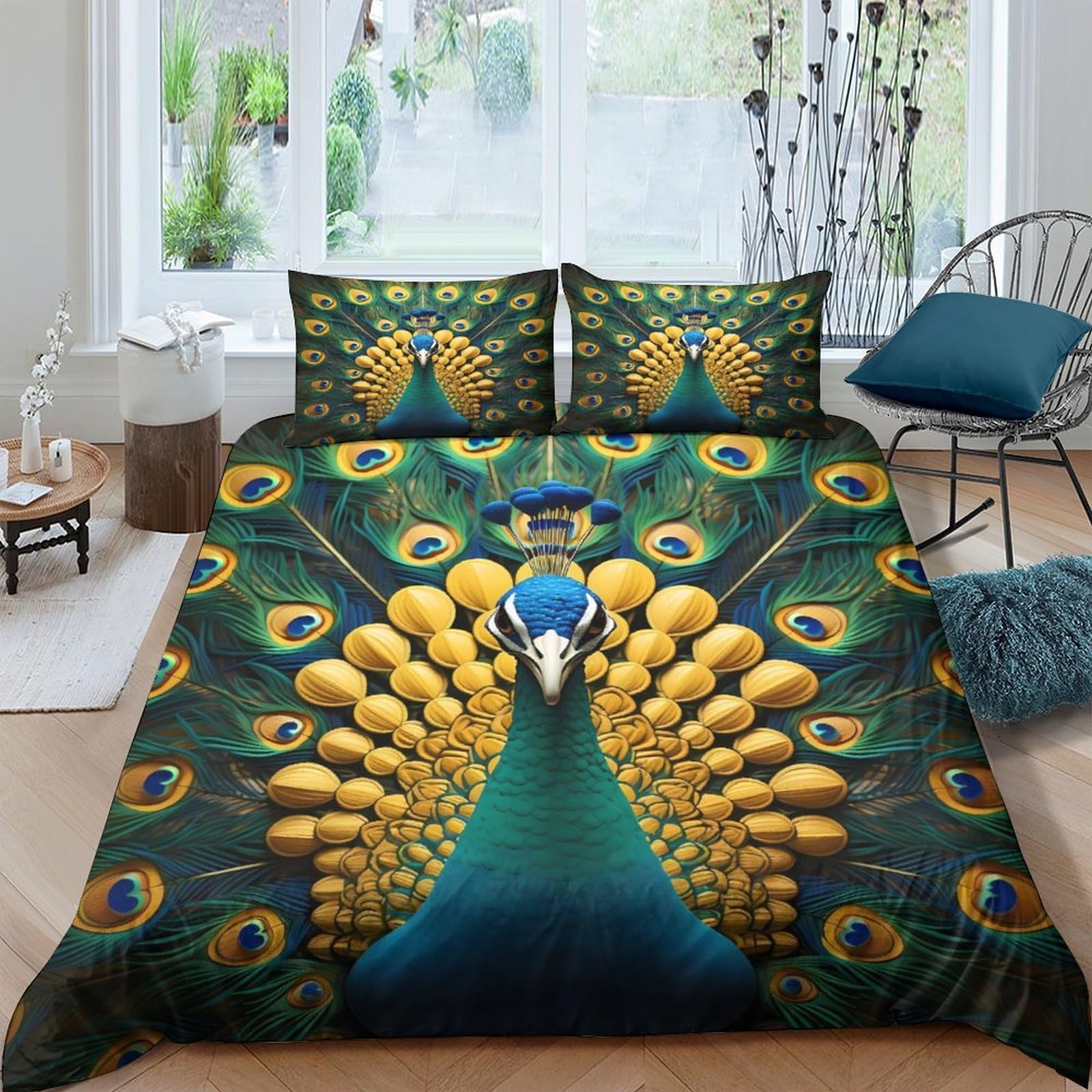 Ctjqhvkz Style-2 3D Printed Peacock Feather Fitted Sheet Microfiber Soft Anti-Slip Bed Cover For Bedroom Guest Room Easy Care Decor Single（135X200cm）