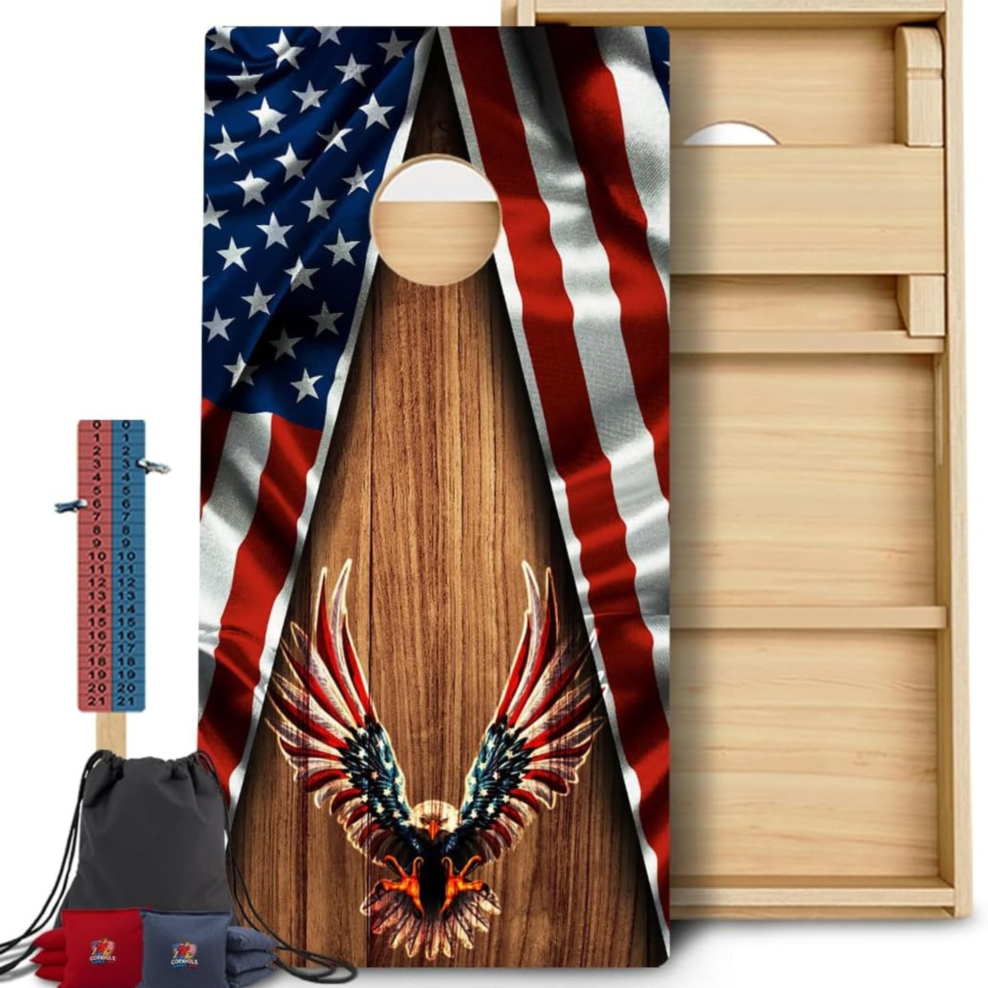 CornholeGamesUSA Pro Cornhole Boards Set | Made in USA | 3/4 Baltic Birch | No Bounce | Triple Thick Legs | Two Brace & Handles, Tournament 2x4 Regulation Set with Score Tower & Cornhole Bags