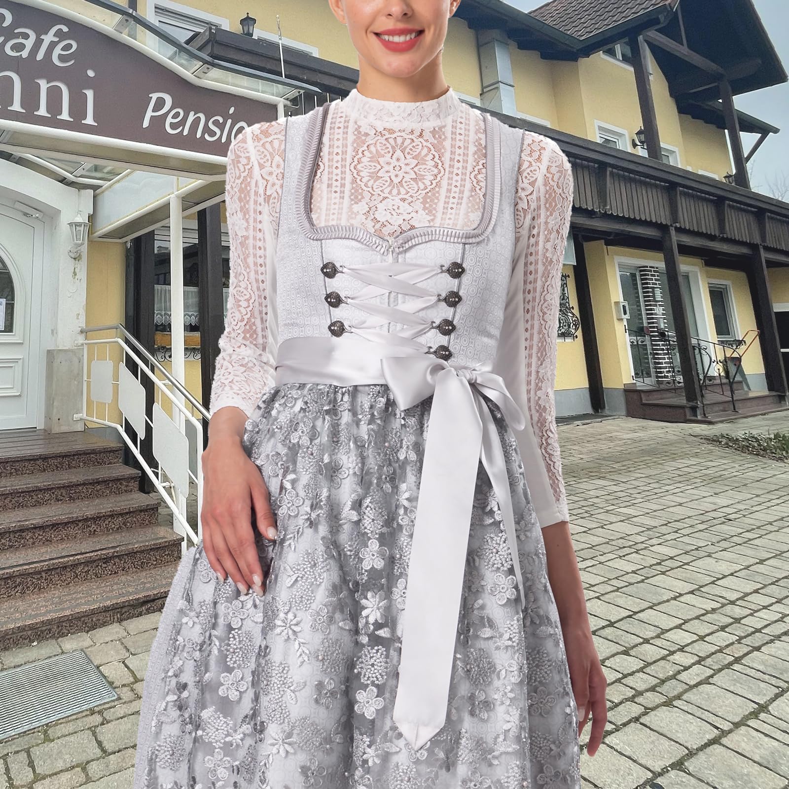 Kelliar Dirndlbluse Damen Trachtenbluse Creme Dirndl Bluse für Oktoberfest