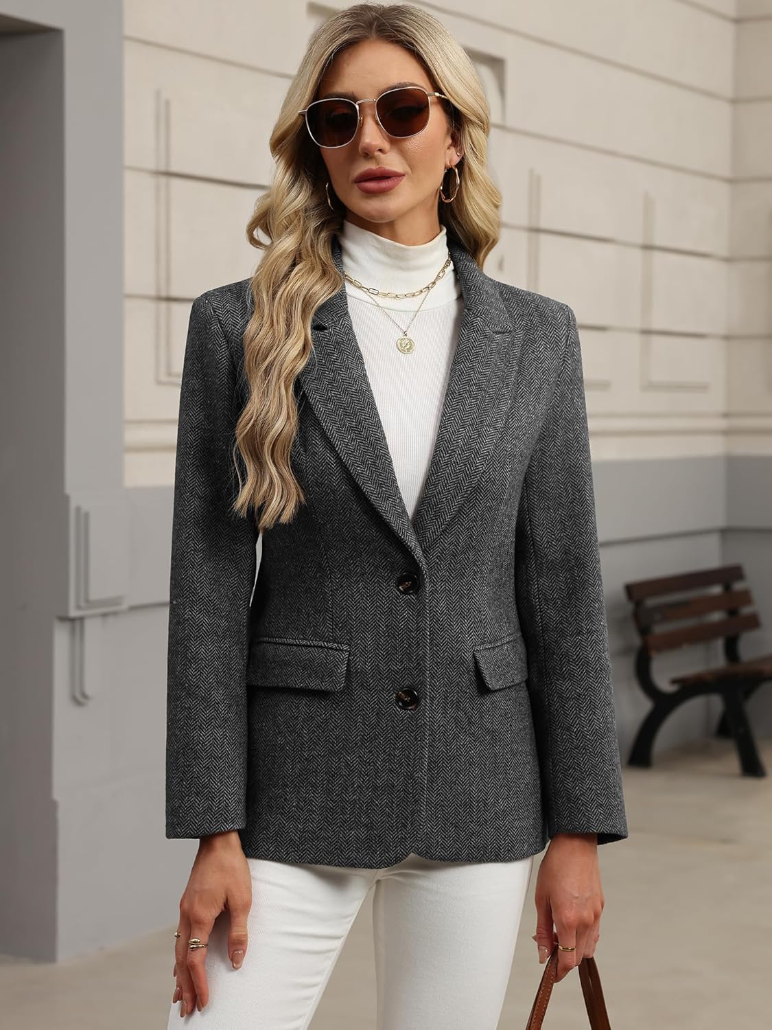 ELLEVEN Womens Wool Blend Tweed Warm Blazers Herringbone Business Casual Fall Winter Oversize Suit Jacket - Image 4
