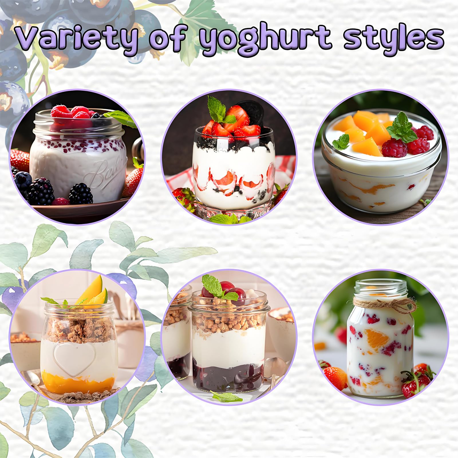 Yogurtiera con 8 vasetti in Vetro, per Yogurt probiotico | Temperatura regolabile e timer da 48 ore; ideale per preparare yogurt biologico, natto e dessert fatti in casa