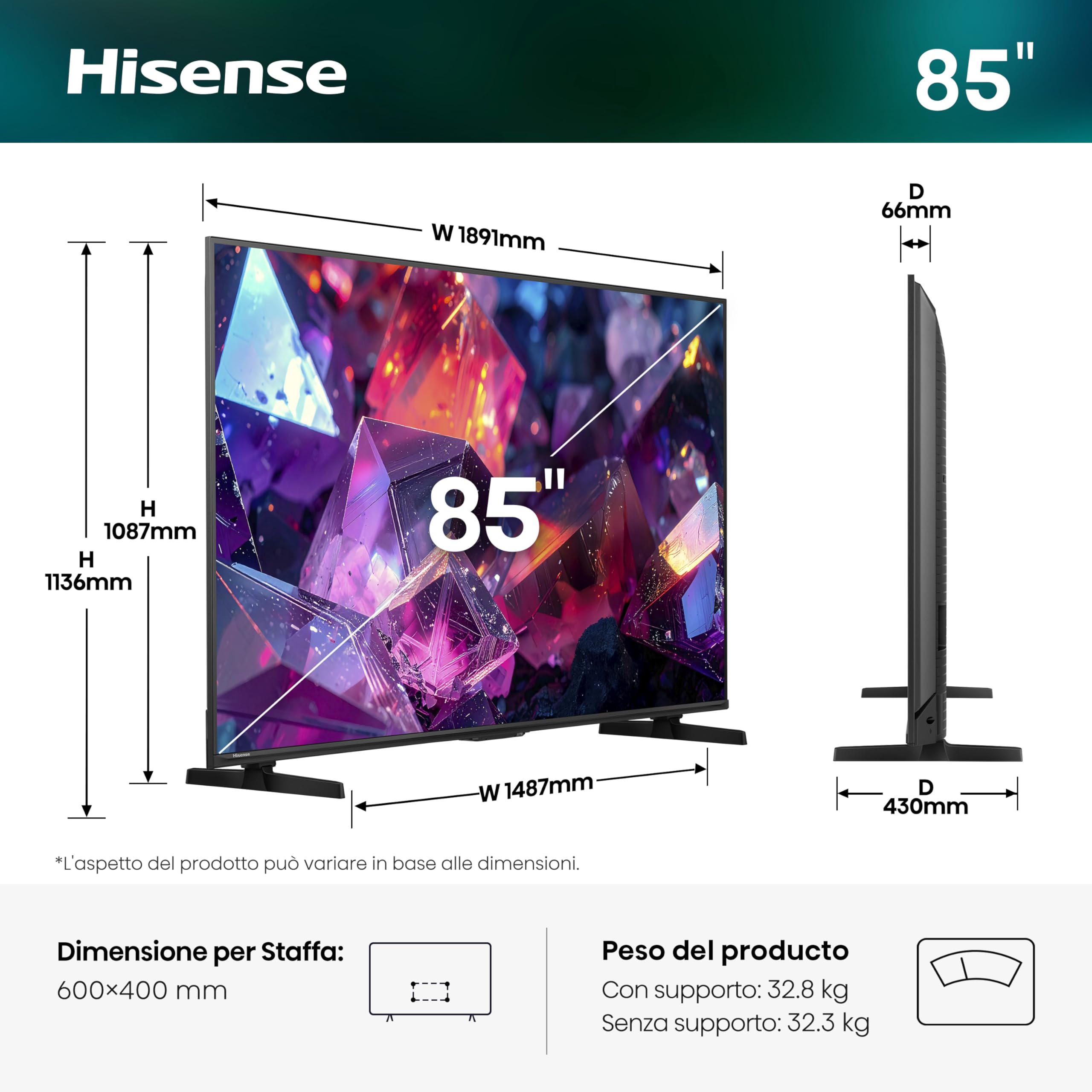 Hisense Smart TV QLED 144Hz 85" 4K 85E7S PRO, Audio Dolby Atmos, VIDAA OS con 1000+ APP, Dolby Vision IQ, HDR 10+, Native 144Hz Game Mode, AirPlay2, Alexa Built-in, lativù 4K