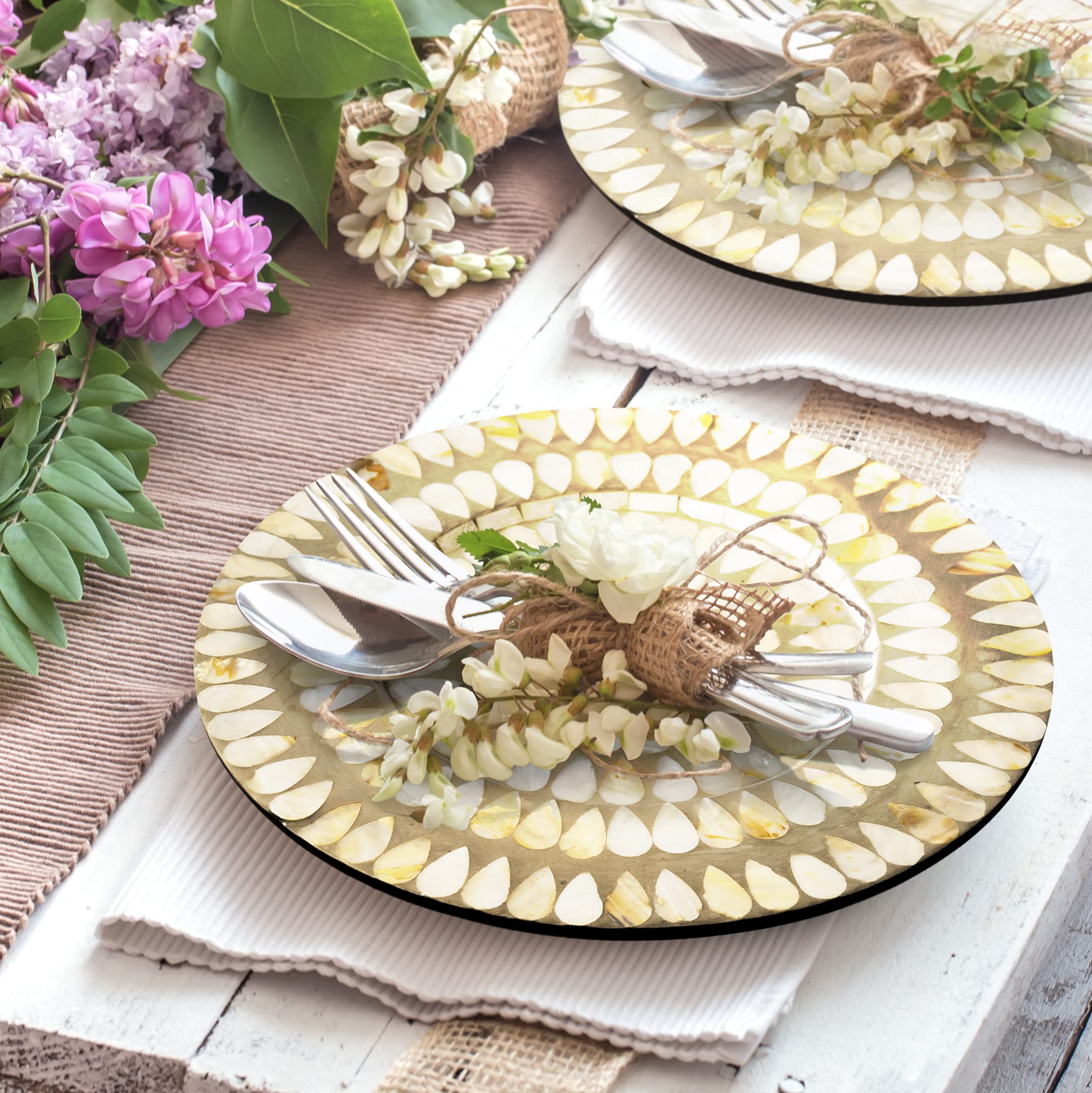 Artera Mother Of Pearl Wood Charger Plates - Decorative Display Plates, Set Of 4, Style 1