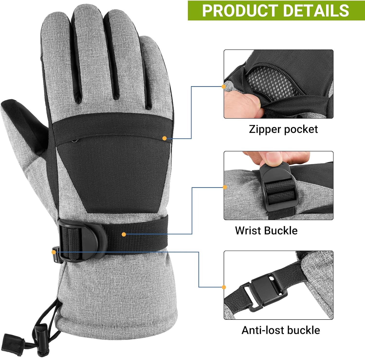 Miniatura 4 de ATEPA Guantes de esquí de nieve para hombre, guantes térmicos de snowboard para mujer, pantalla táctil, impermeables, para esquí, snowboard
