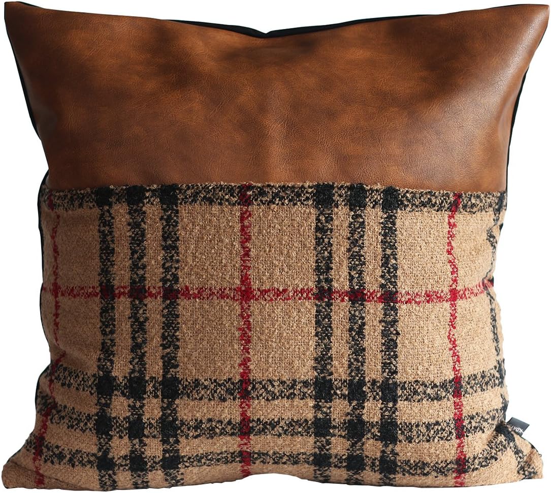 Kdays Tartan Brown Check Pillow Cover Designer Modern Throw Pillow Cover Decorative Faux Leather Pillow Cover Handmade Cushion Cover 18x18 Inches