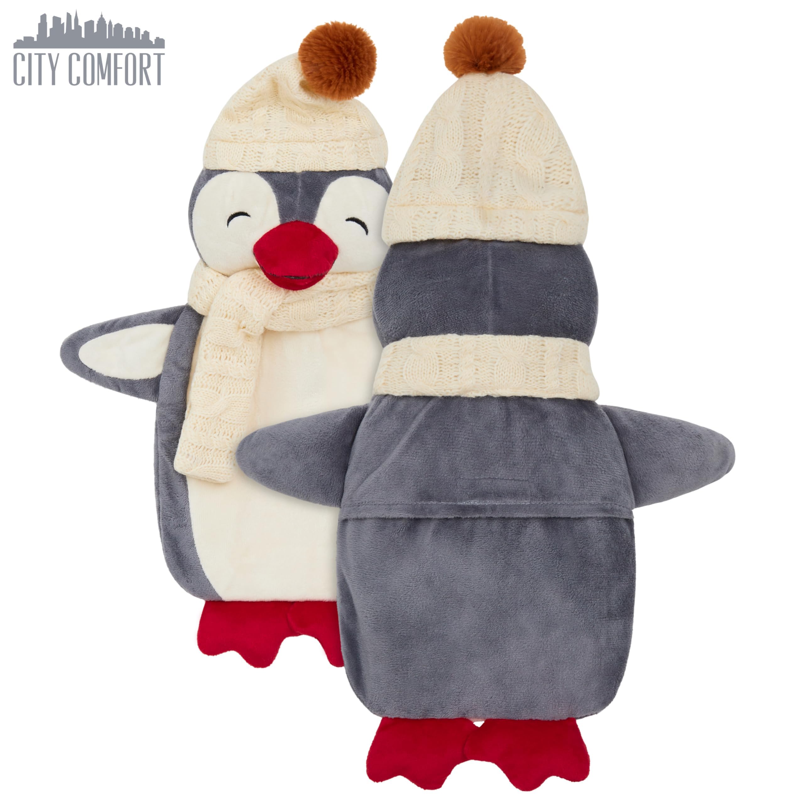 Bolsa Agua Caliente con Funda de Felpa- Botella Agua Caliente de Caucho Natural, 1 Litro - Funda de Animal de Peluche - Regalos Navidad (Gris Pingüino)