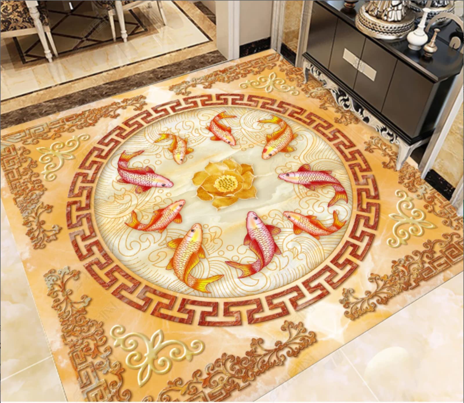 Custom Photo Wall Paper 3D Creative Bathroom Stickers for Walls Waterproof Custom Photo Wallpaper Nine Fish Nafu Rich and Rich 3D Marble Floor Sticker 3D Floor Tiles Wallpaper Sticker Bathroom Living