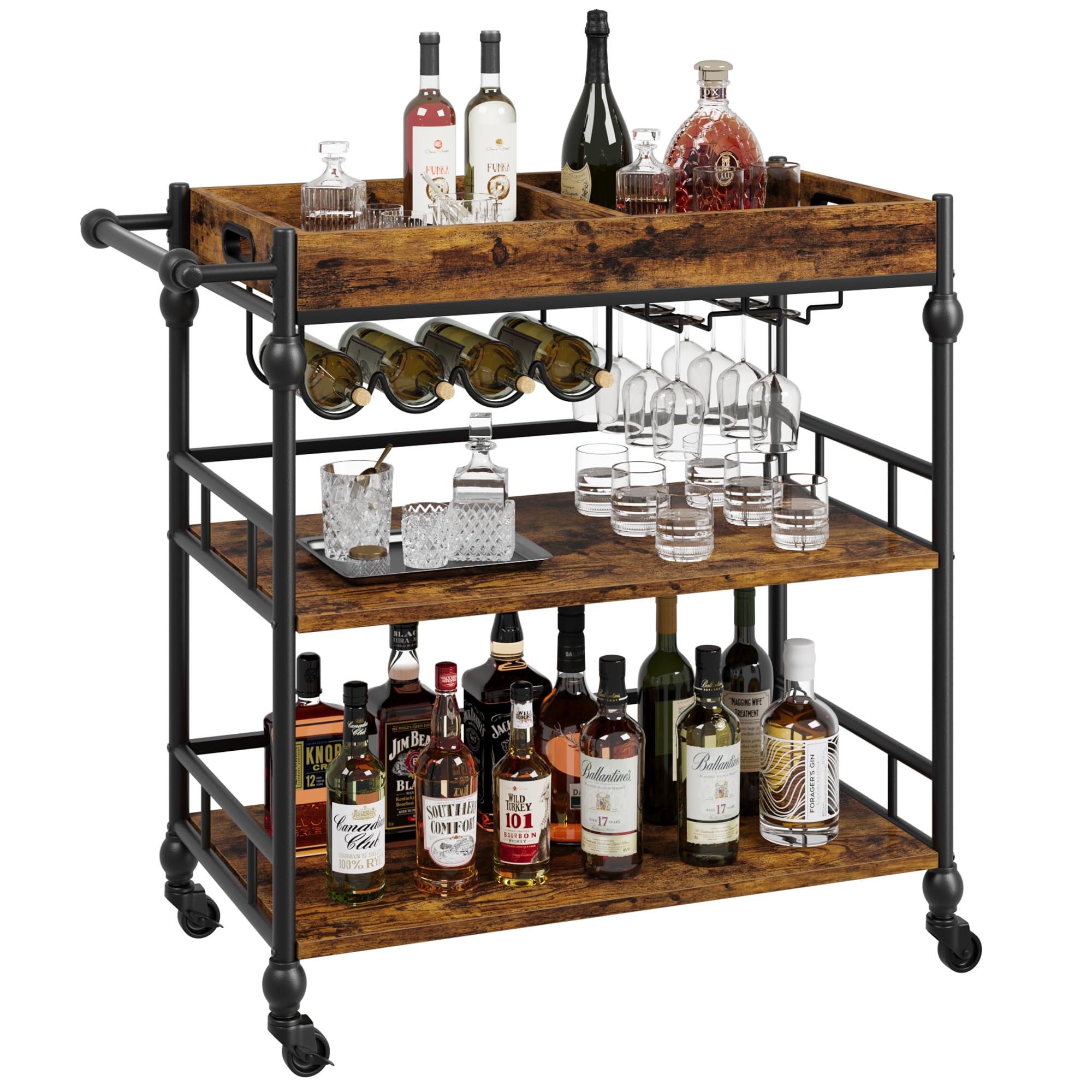 Garvee Carrito de Bar rodante de 3 Niveles – Estante móvil de Madera y Metal para Cocina, Sala o Comedor – con portabotellas y portavasos – Diseño Elegante y Funcional – 90x40x87 cm